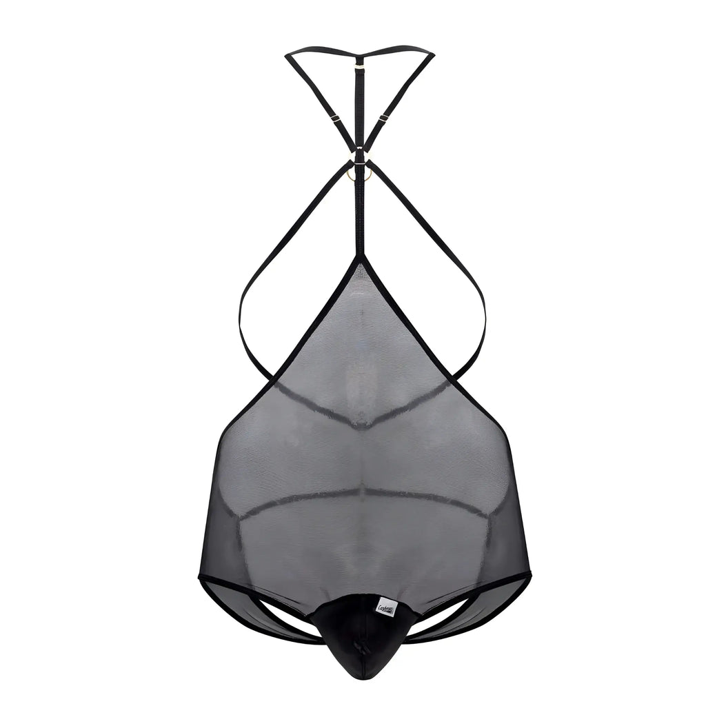 Back view of candyman 99662x black tulle bodysuit with thin straps and crisscross mesh design