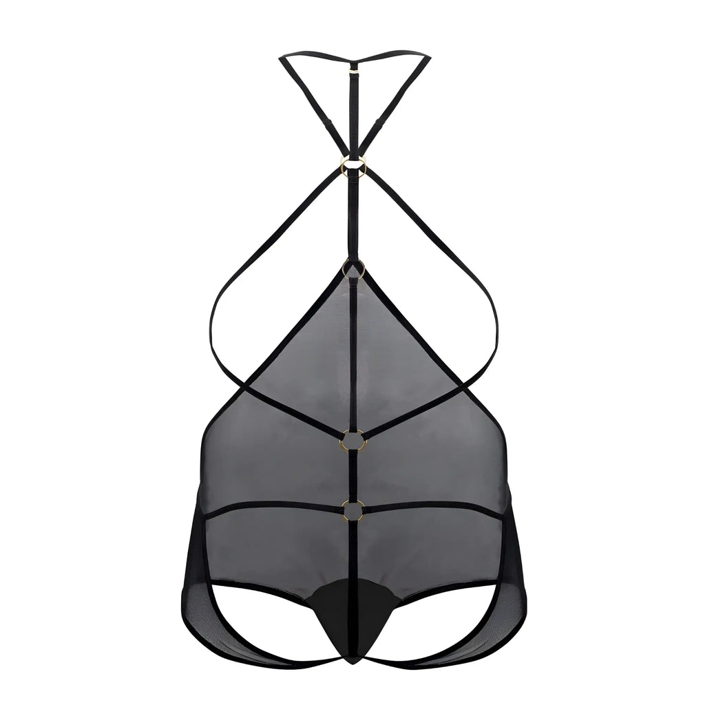 CandyMan 99662X black tulle bodysuit with thin straps metallic rings and mesh fabric visible in product image