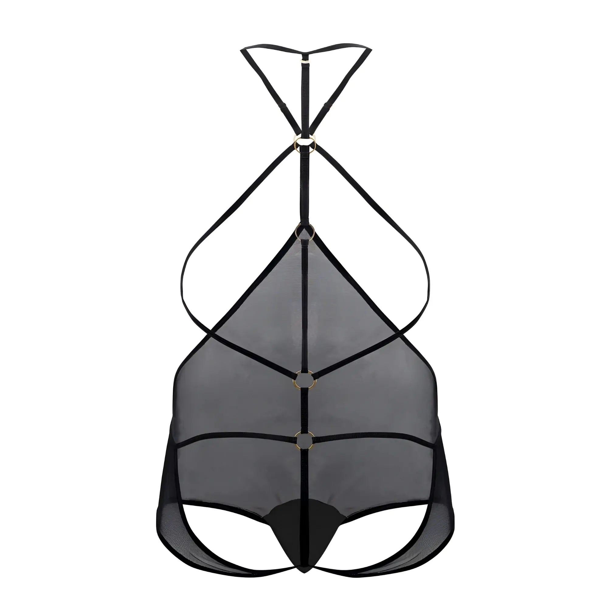 CandyMan 99662X black tulle bodysuit with thin straps metallic rings and mesh fabric visible in product image