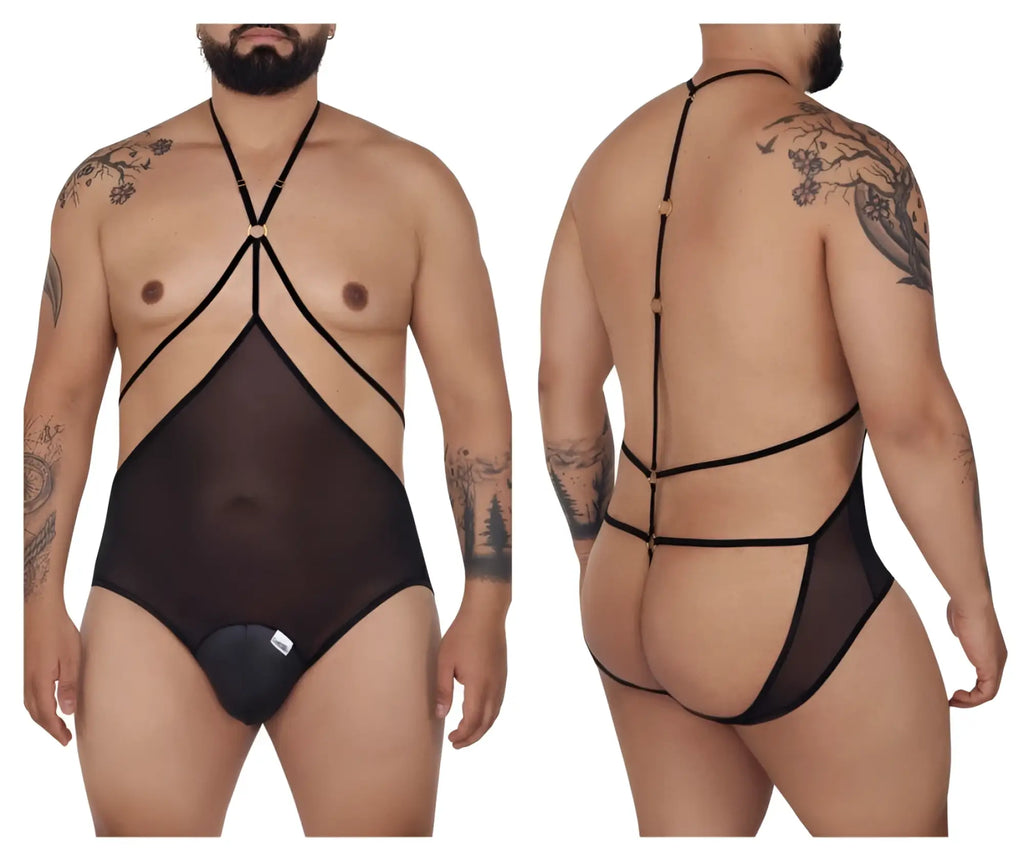 Black CandyMan 99662X tulle bodysuit with sheer mesh, elastic straps, and gold-toned hardware accents