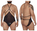 Black CandyMan 99662X tulle bodysuit with sheer mesh, elastic straps, and gold-toned hardware accents