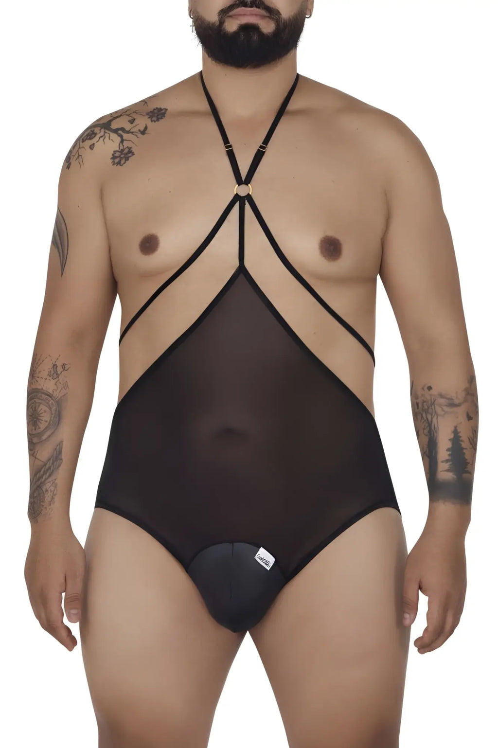Black sheer mesh one-piece swimsuit candyMan 99662X with crisscross straps and gold circular clasp at neckline