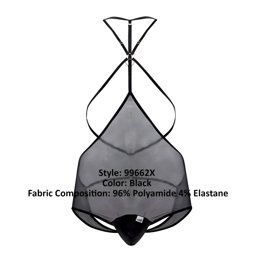 Black sheer mesh candyMan 99662X tulle bodysuit with thin straps and central metal clasp shown from the back