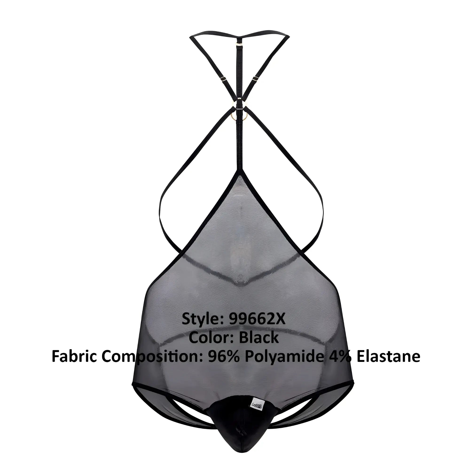 Black sheer mesh candyMan 99662X tulle bodysuit with thin straps and central metal clasp shown from the back