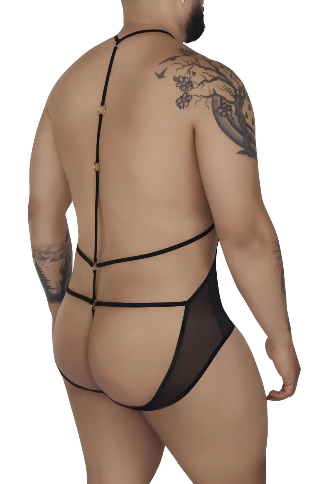 Back view of candyman 99662X black sheer tulle bodysuit with gold toned hardware and strap design