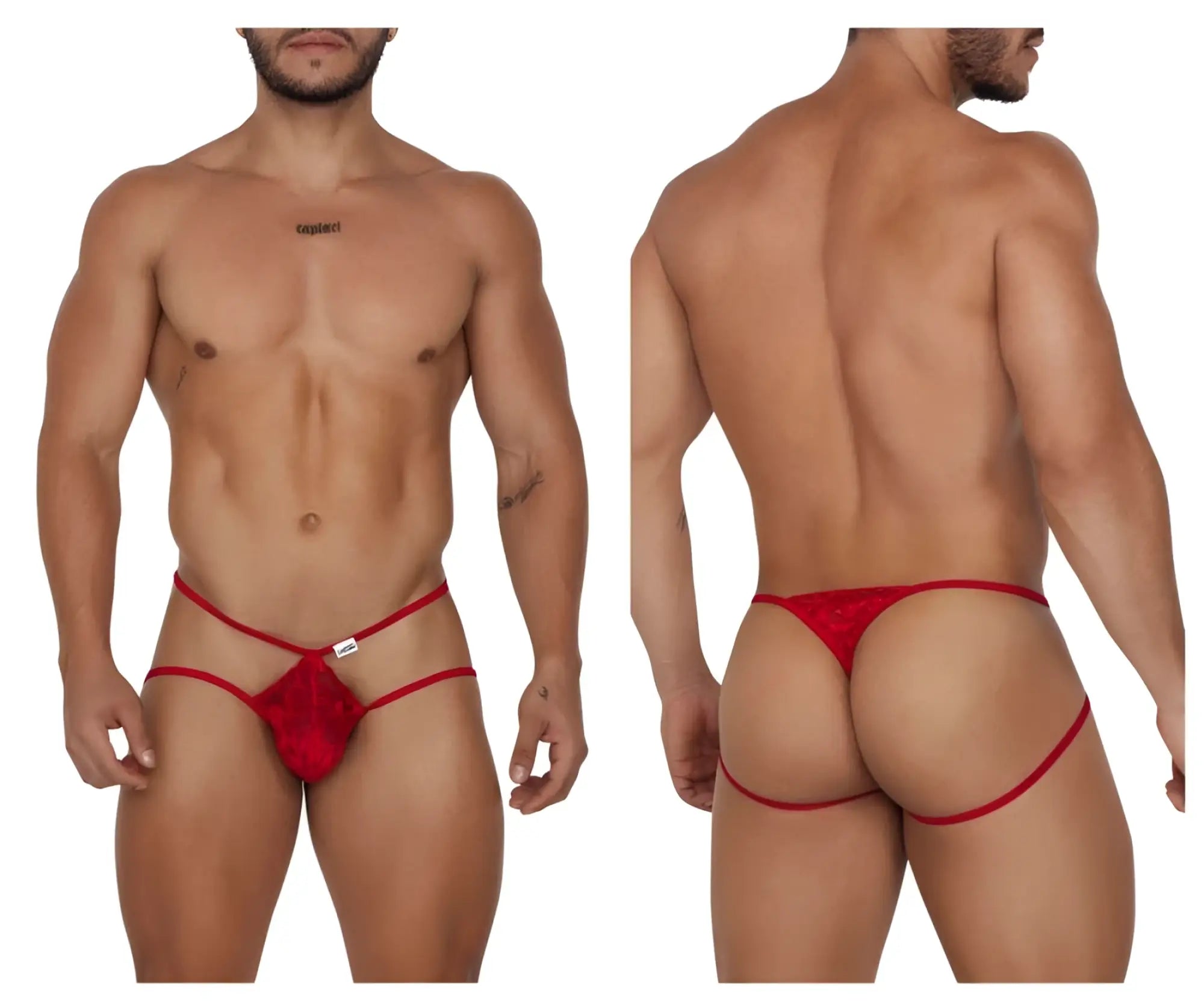 Red lace thong with thin elastic straps and central decorative panel from candyman 99668 jock thongs in red