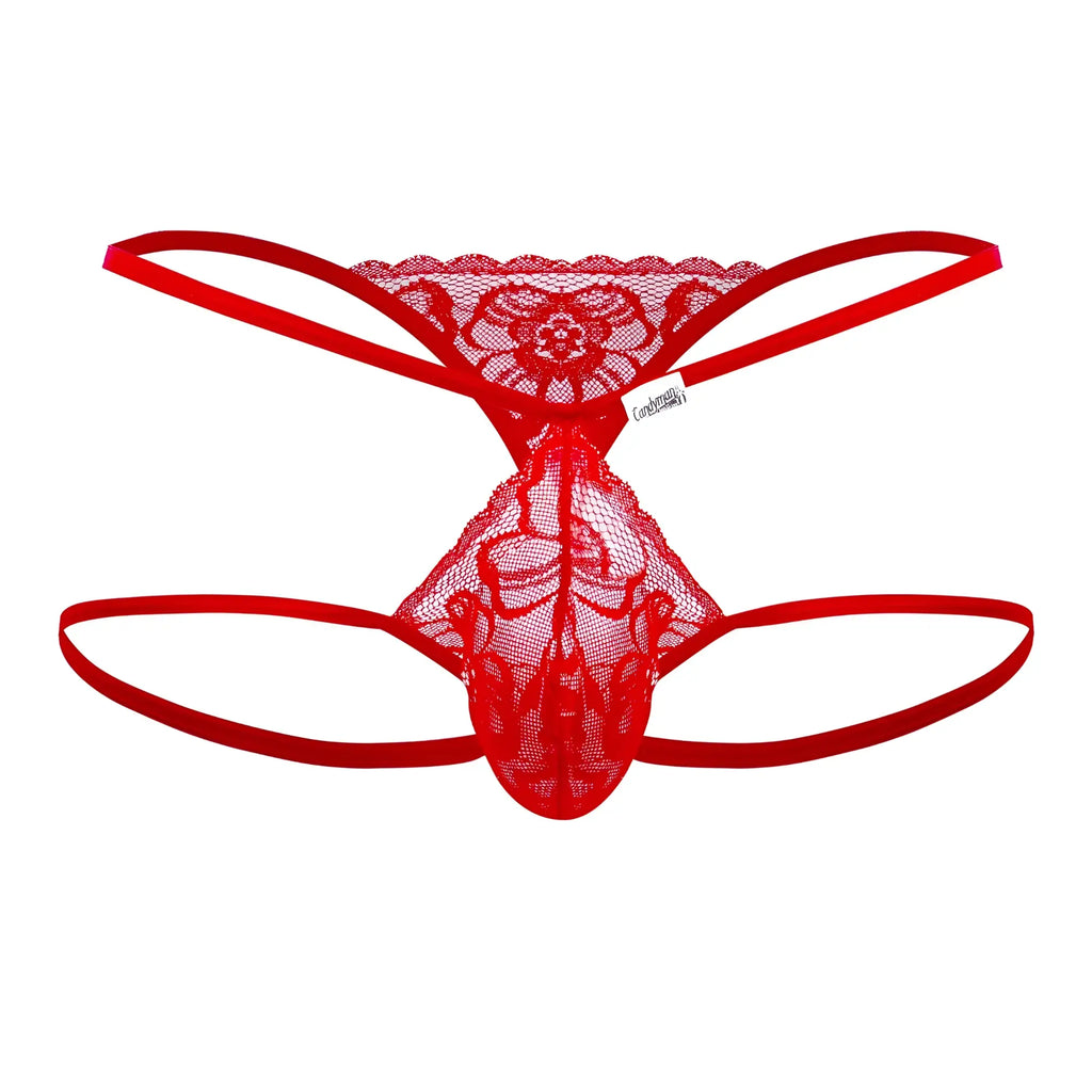 Candyman 99668 red jock thong featuring a red lace floral pattern with thin elastic straps
