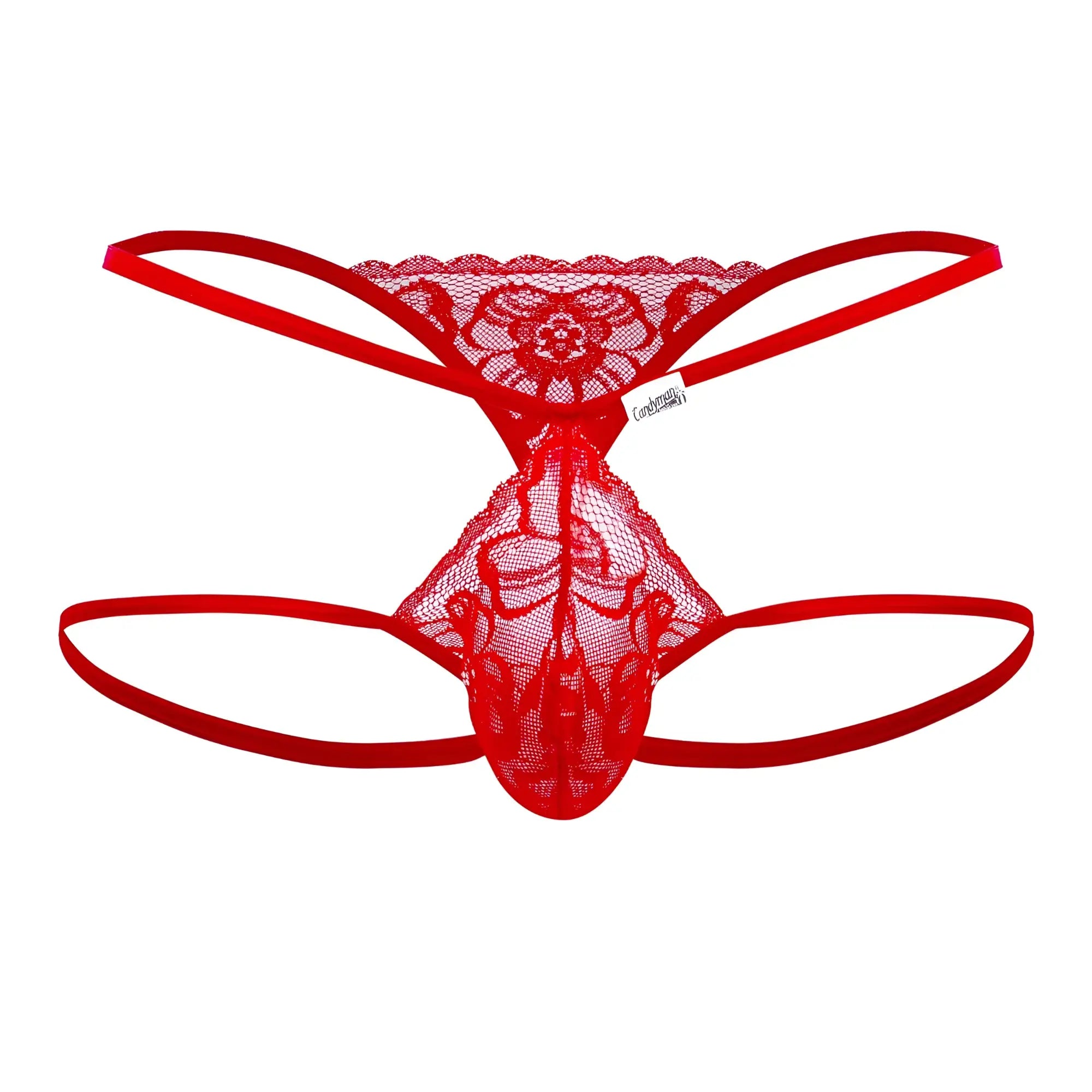 Candyman 99668 red jock thong featuring a red lace floral pattern with thin elastic straps