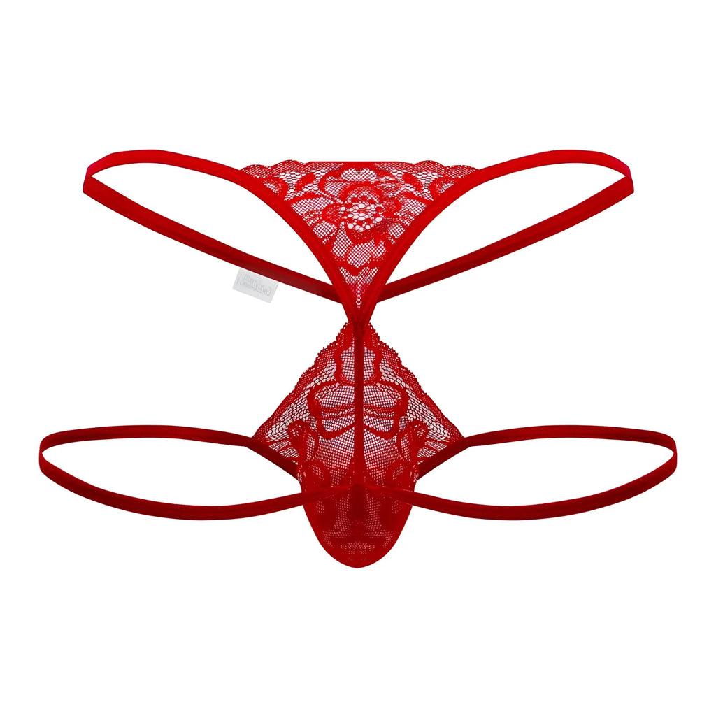 Red lace thong with floral pattern and thin elastic straps from candyman 99668 jock thongs in red