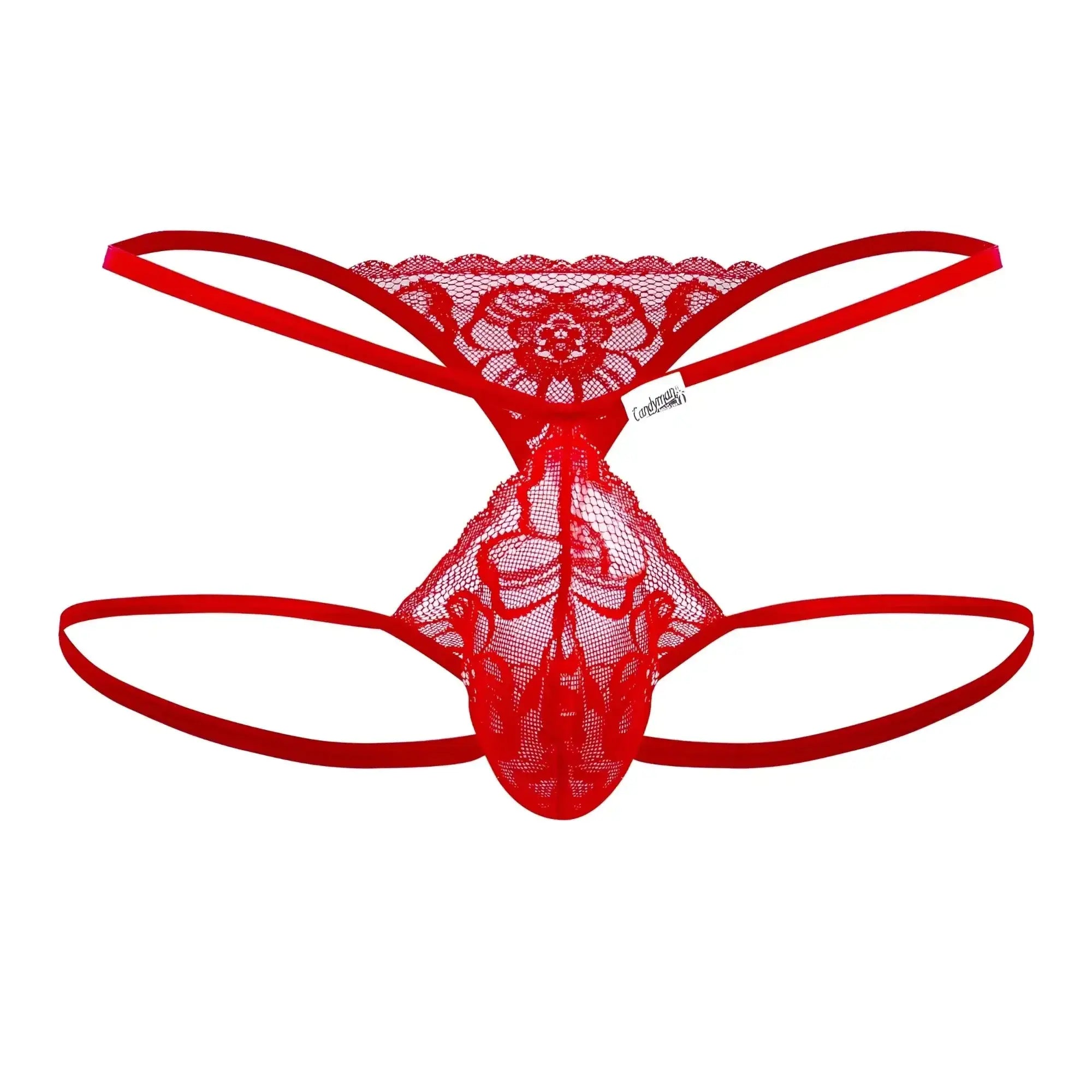 Candyman 99668 red jock thong featuring a red lace floral pattern with thin elastic straps
