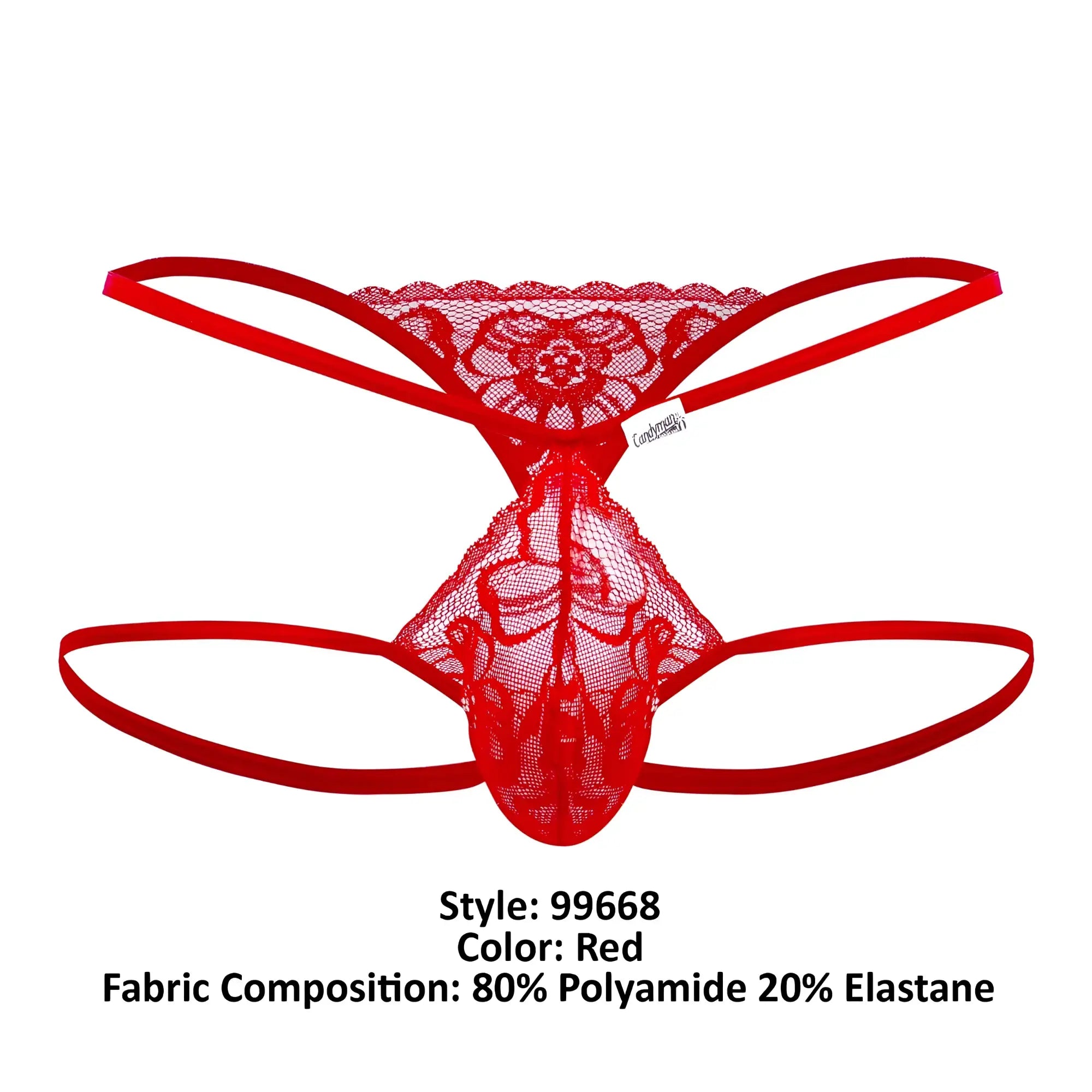 Red lace CandyMan 99668 jock thong with floral pattern and elastic straps shown from the back side