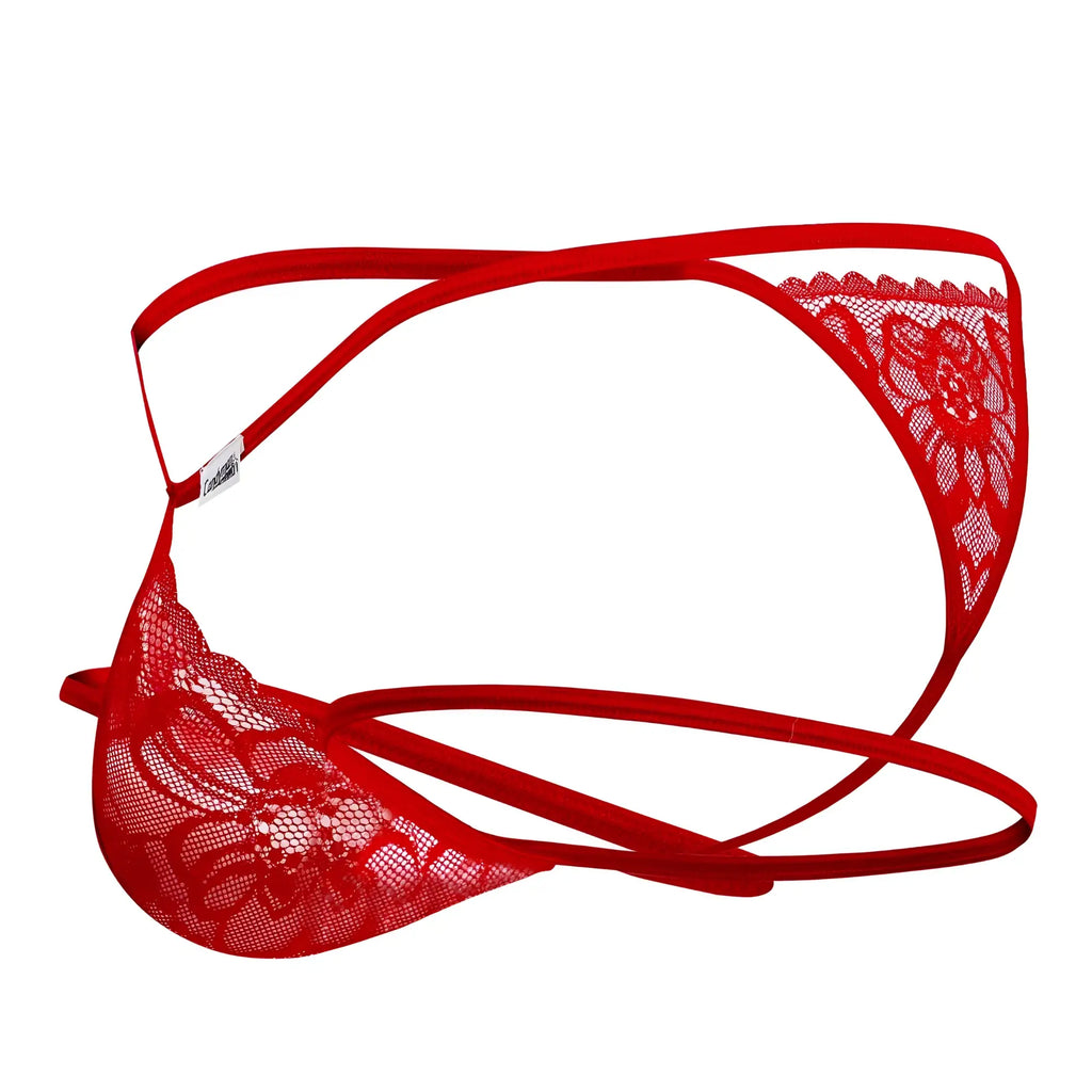 Red lace thong with floral patterns and thin elastic straps from candyman 99668 jock thongs in red