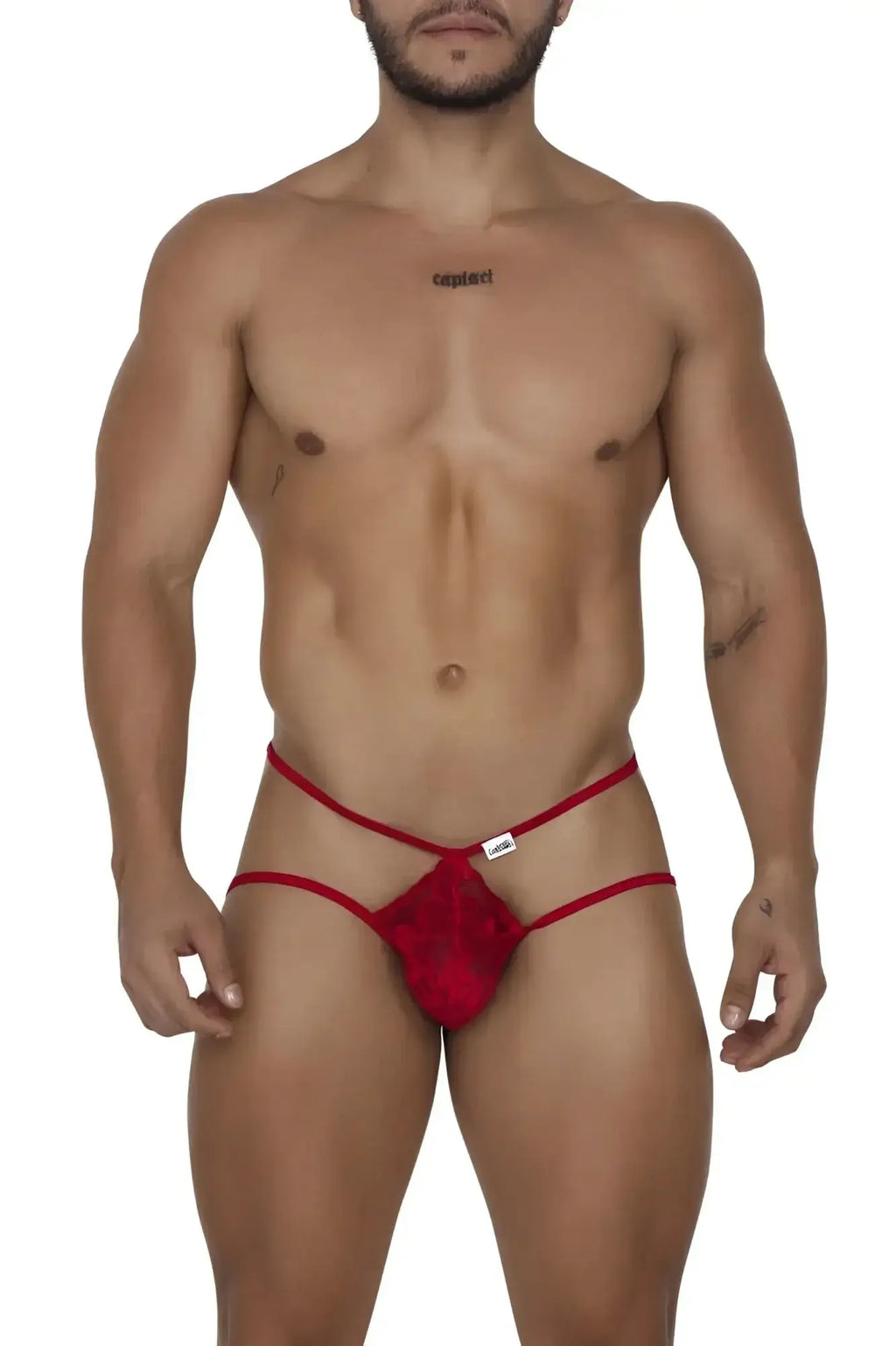 Red lace thong with thin straps and a central decorative panel from candyman 99668 jock thongs in red color