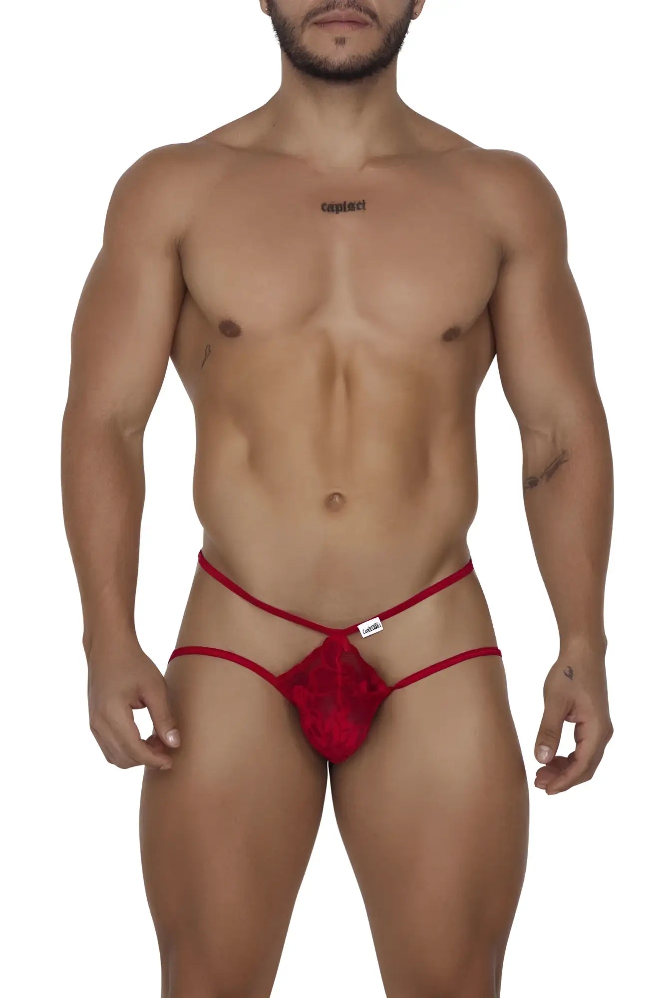 Red lace thong with thin straps and a central decorative panel from candyman 99668 jock thongs in red color