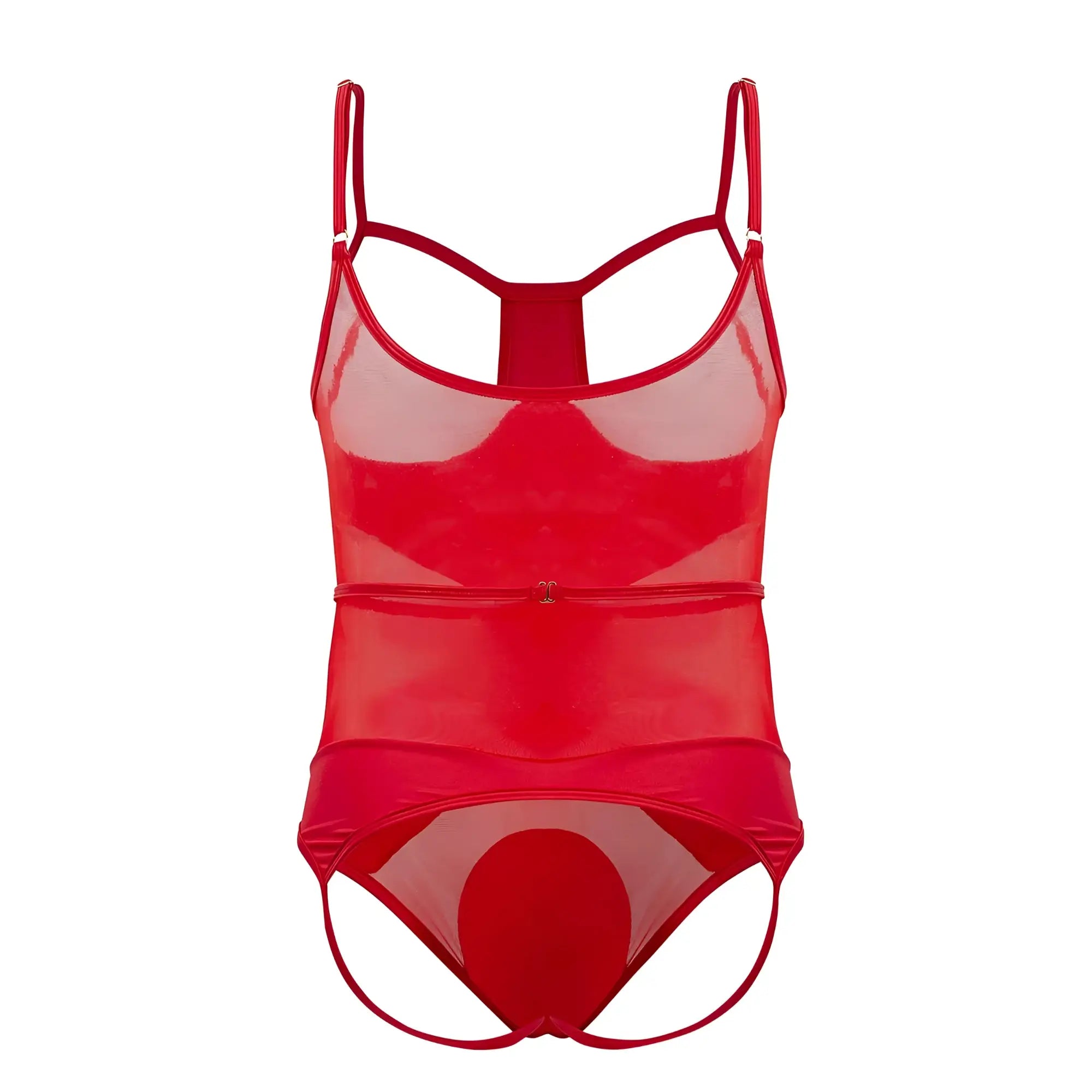 Red sheer mesh one-piece harness bodysuit with thin straps and central zipper by candyman in red color