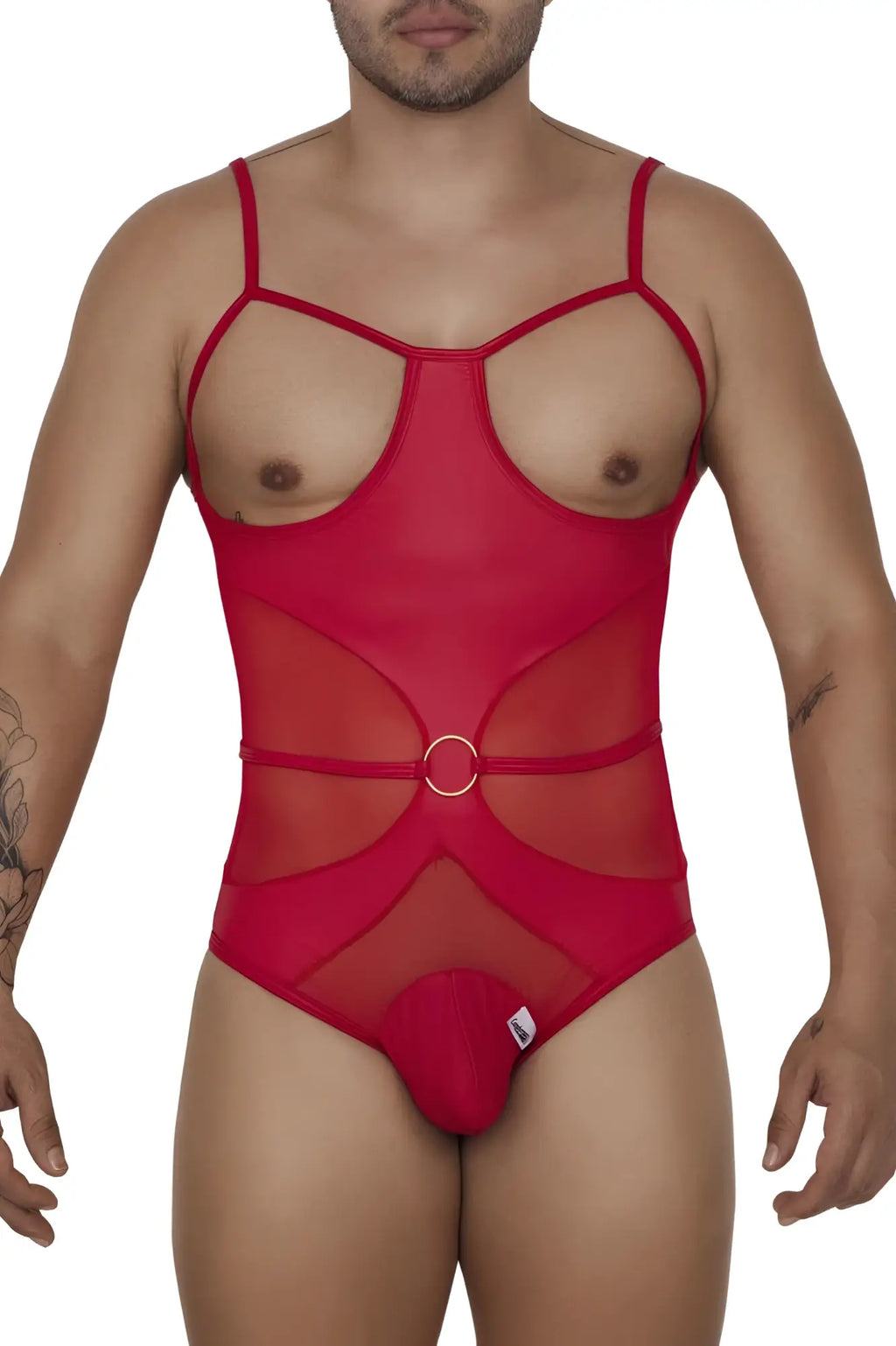 CandyMan 99670 harness bodysuit in red sheer mesh with thin straps and central circular ring detail