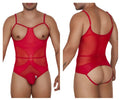 Red sheer mesh CandyMan 99670 harness bodysuit with thin straps and circular metal buckle at the waist