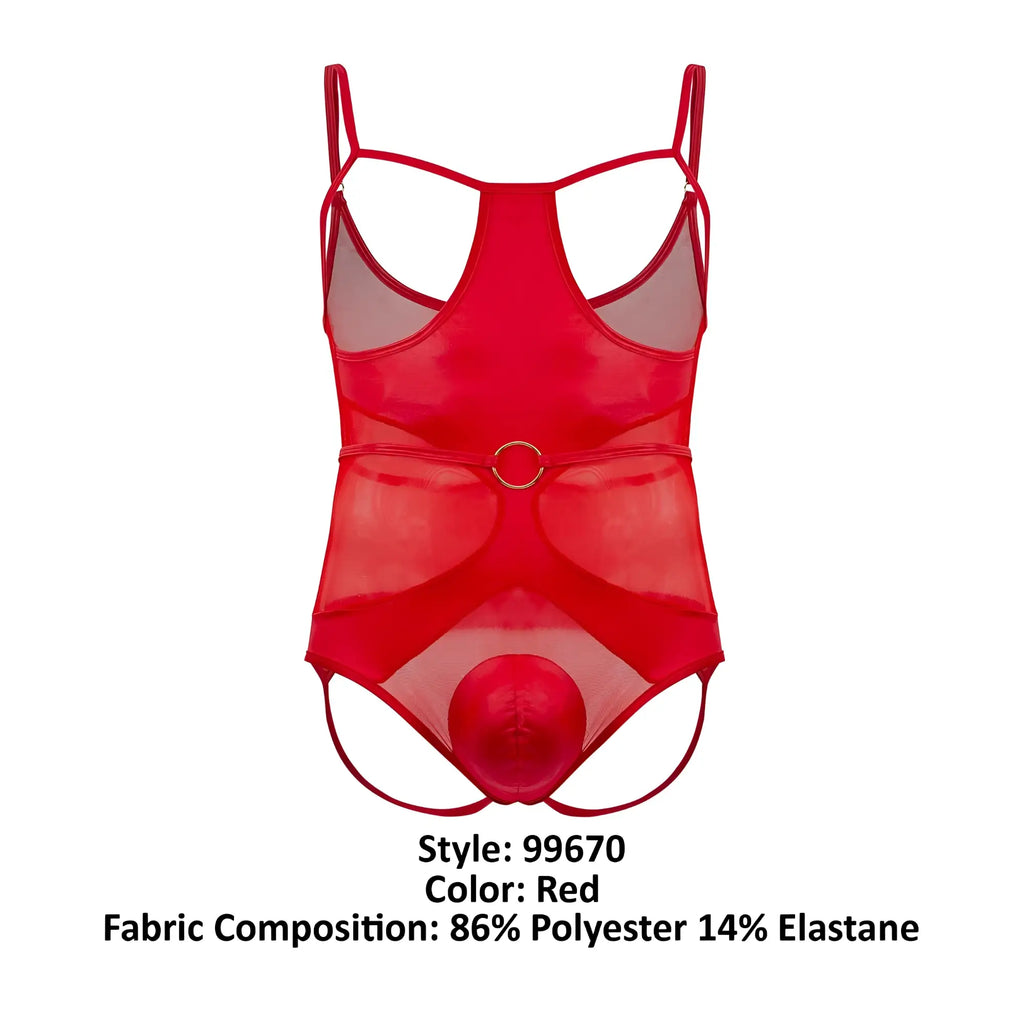 Red sheer mesh candyMan 99670 harness bodysuit with thin straps and circular metal buckle at the waist