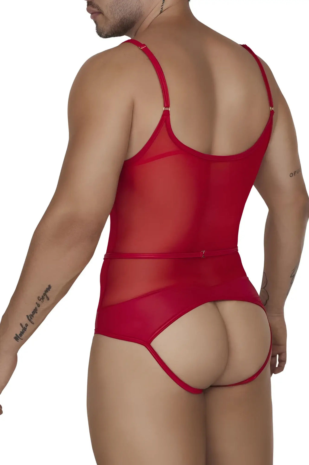 Back view of candyman 99670 red sheer mesh bodysuit with thin straps and back zipper closure