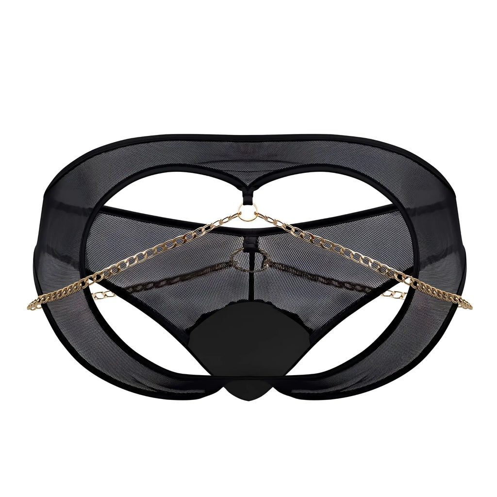 Black mesh lingerie candyMan 99672X chain jock briefs with gold chain detailing in black color