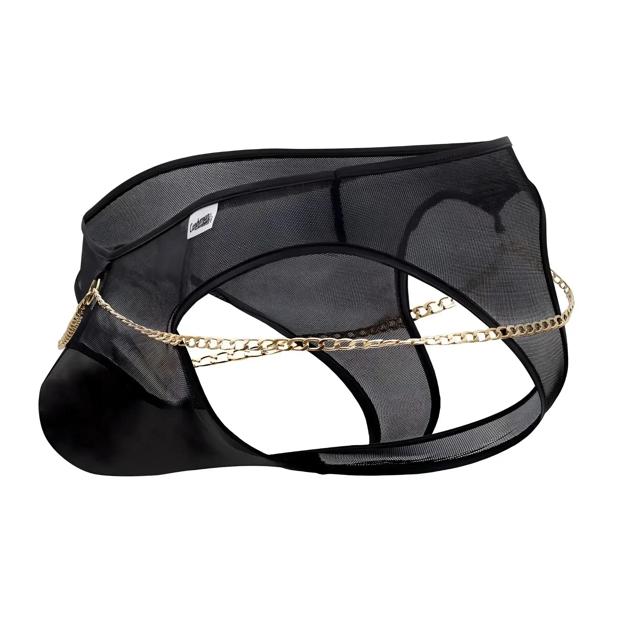 CandyMan 99672X chain jock briefs in black featuring black mesh fabric with gold chain detail on the front