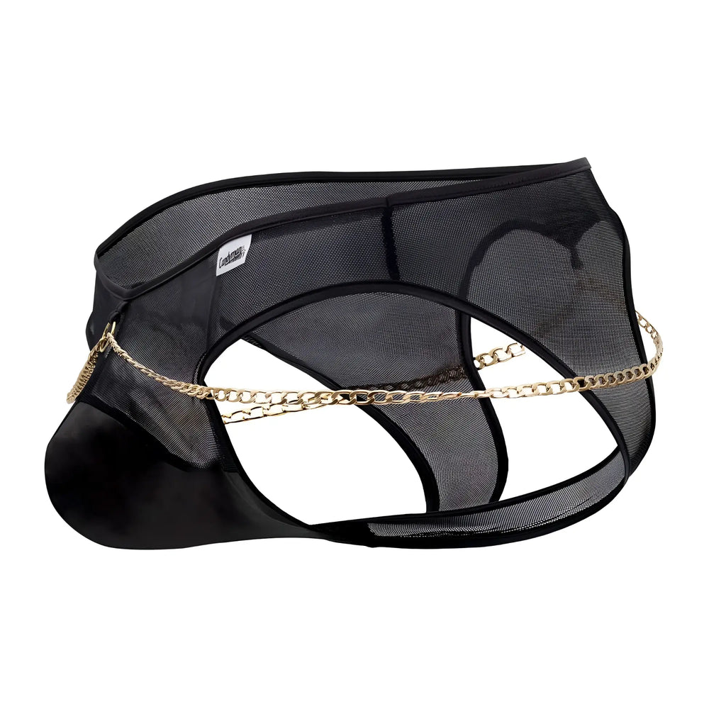 CandyMan 99672X chain jock briefs in black featuring black mesh fabric with gold chain detail on the front