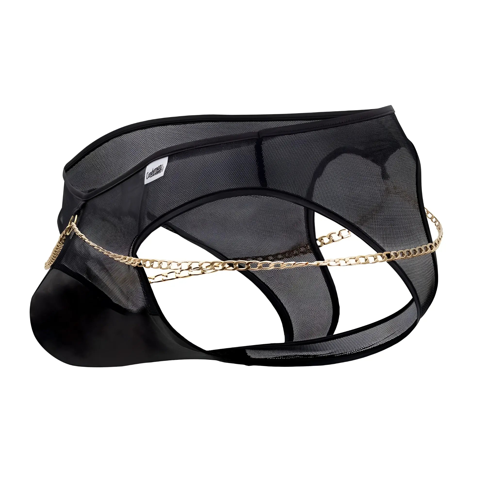 CandyMan 99672X chain jock briefs in black featuring black mesh fabric with gold chain detail on the front