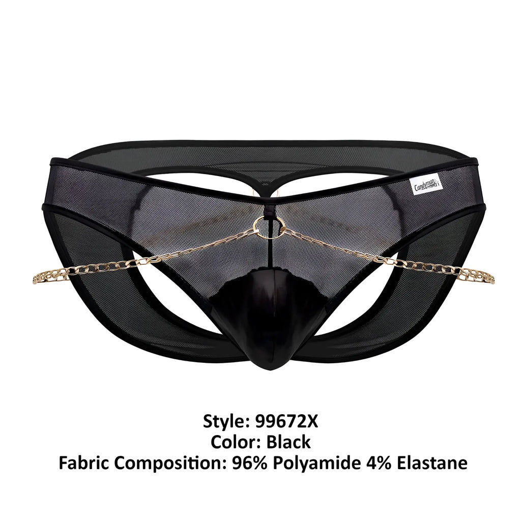 Black mesh thong candyMan 99672X with glossy black panel and gold-toned chain detailing in front view