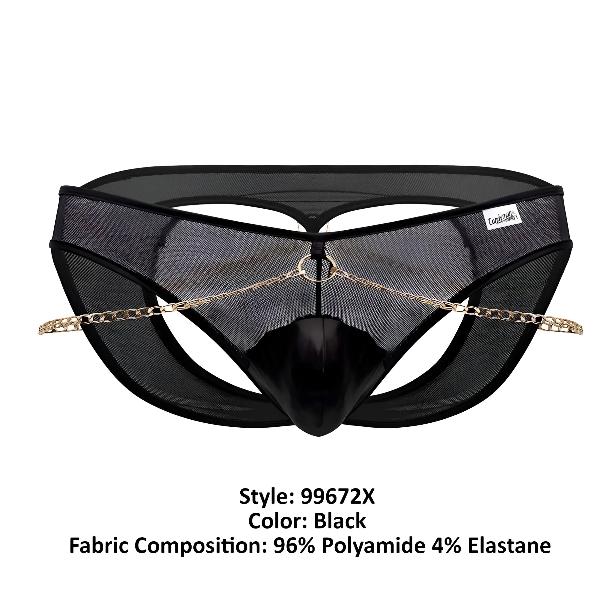 Black mesh thong candyMan 99672X with glossy black panel and gold-toned chain detailing in front view