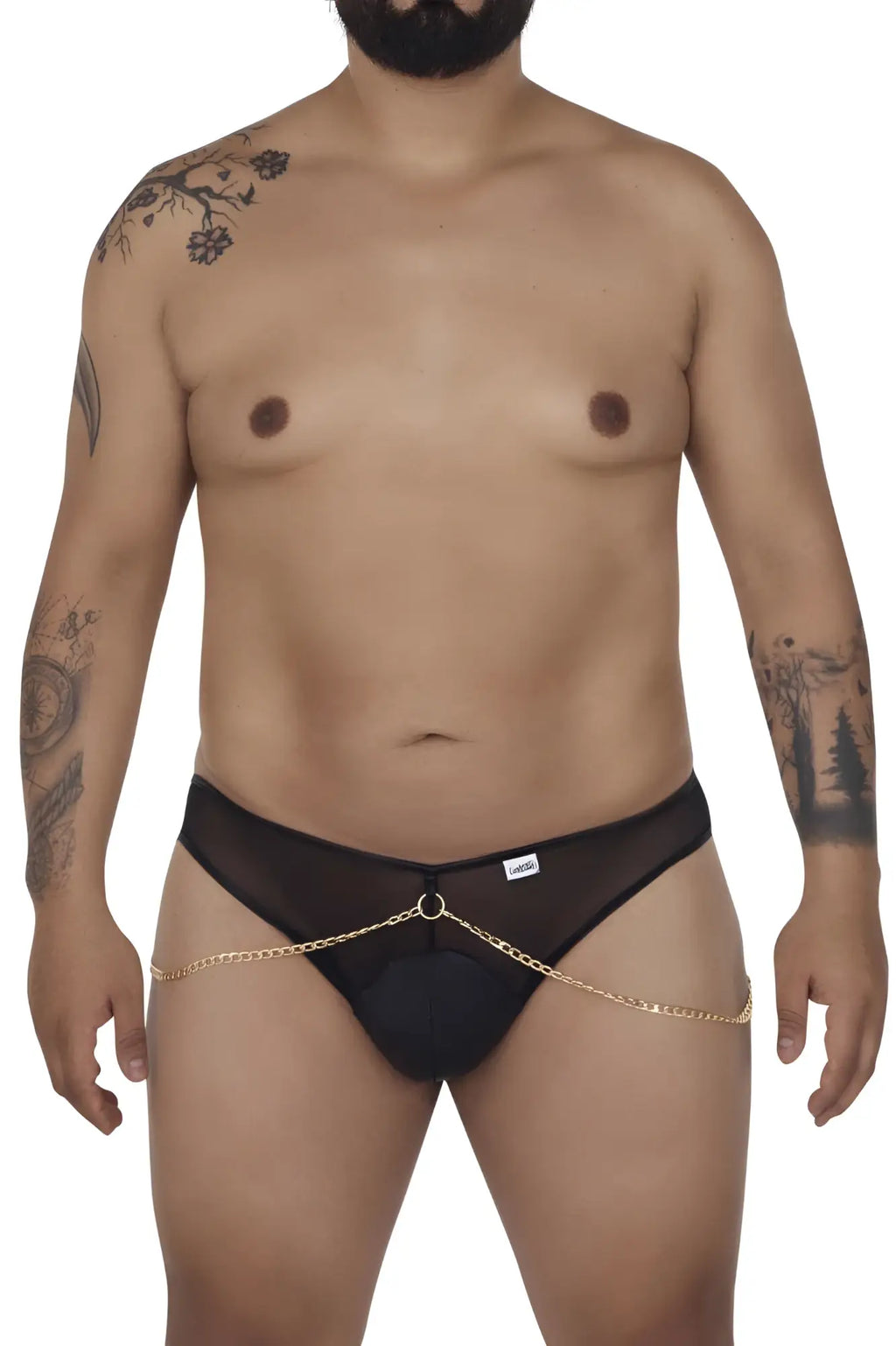Black mesh thong candyMan 99672X chain jock briefs with gold chain detailing for bold lingerie style