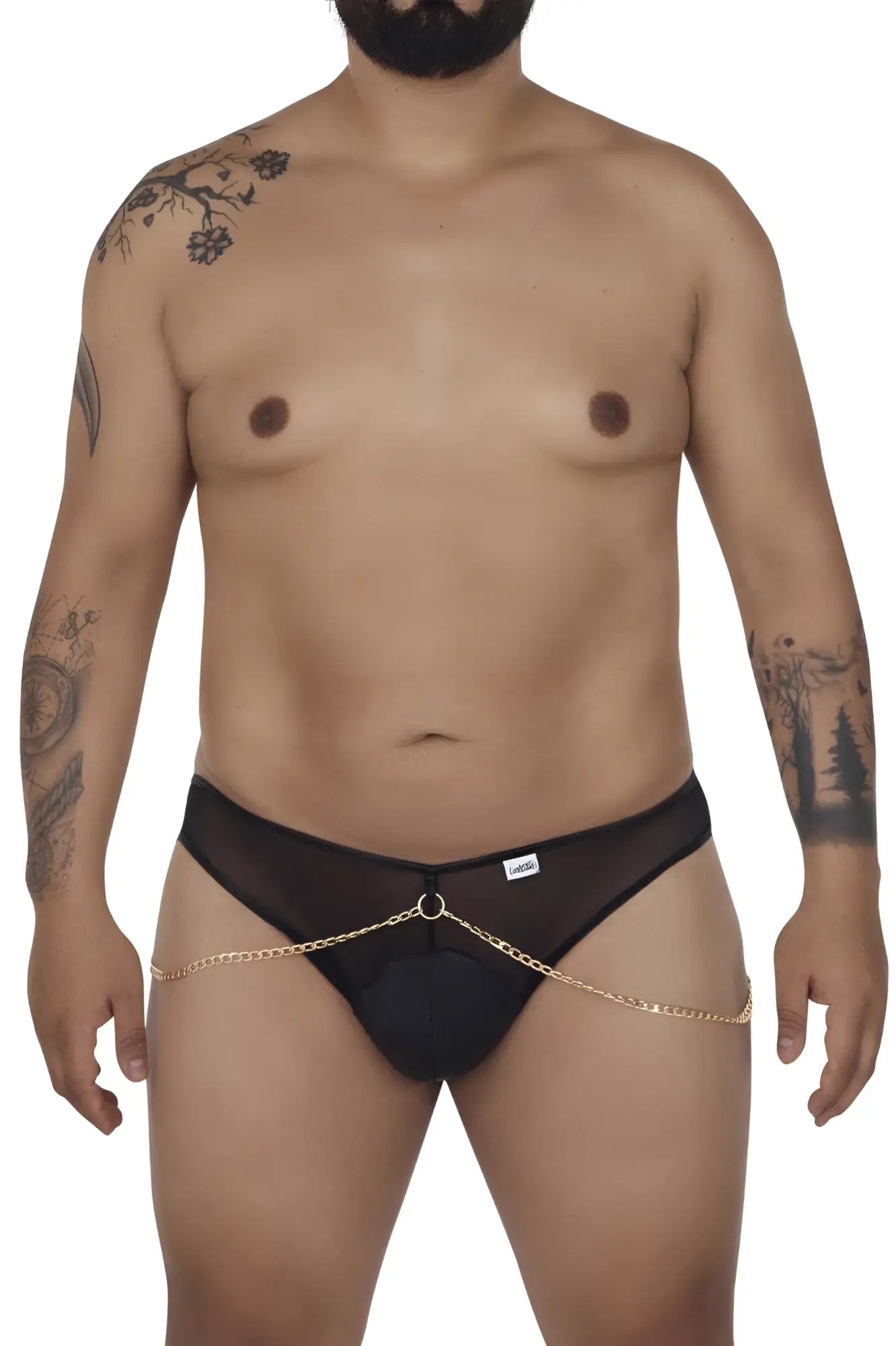 Black mesh thong candyMan 99672X chain jock briefs with gold chain detailing for bold lingerie style