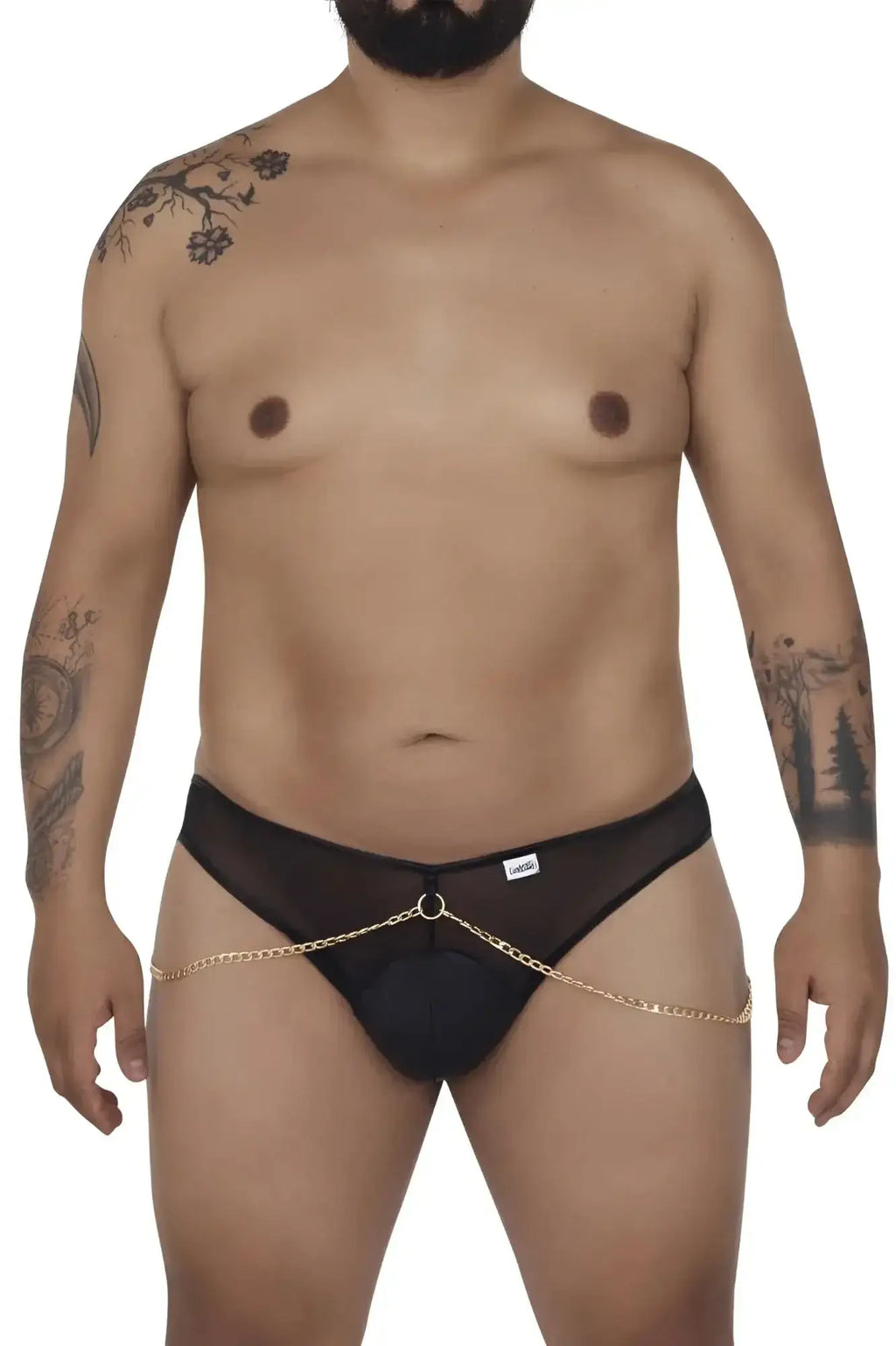 Black mesh thong candyMan 99672X chain jock briefs with gold chain detailing for bold lingerie style