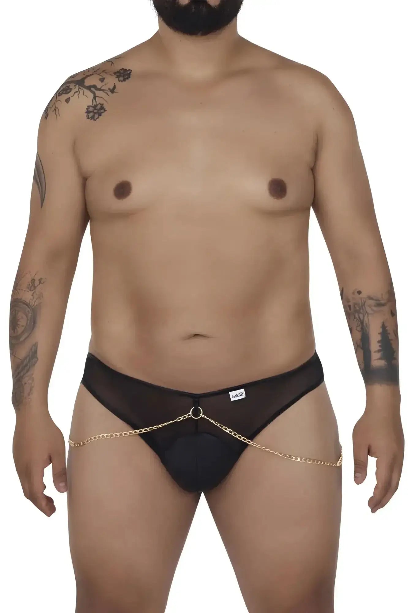 Black mesh thong candyMan 99672X chain jock briefs with gold chain detailing for bold lingerie style