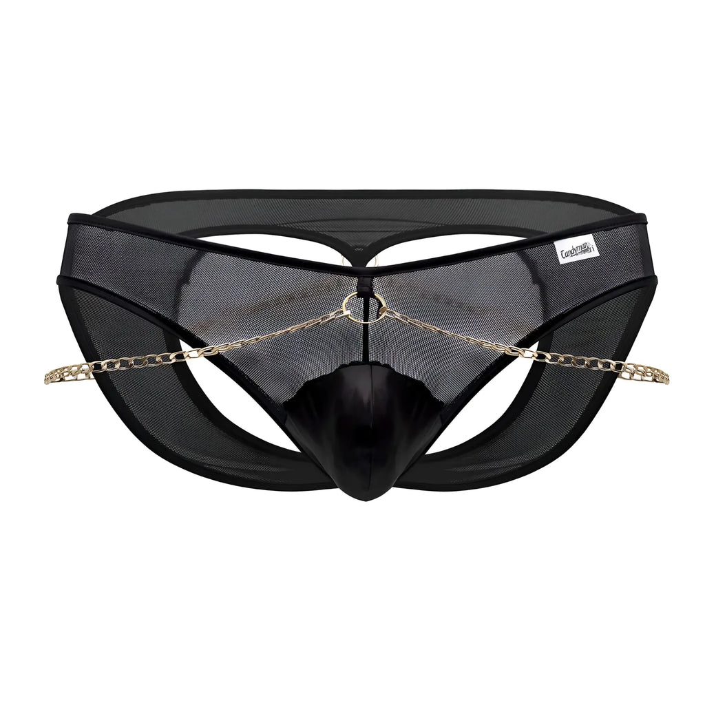 CandyMan 99672X chain jock briefs in black mesh with shiny center panel and gold chain across the front