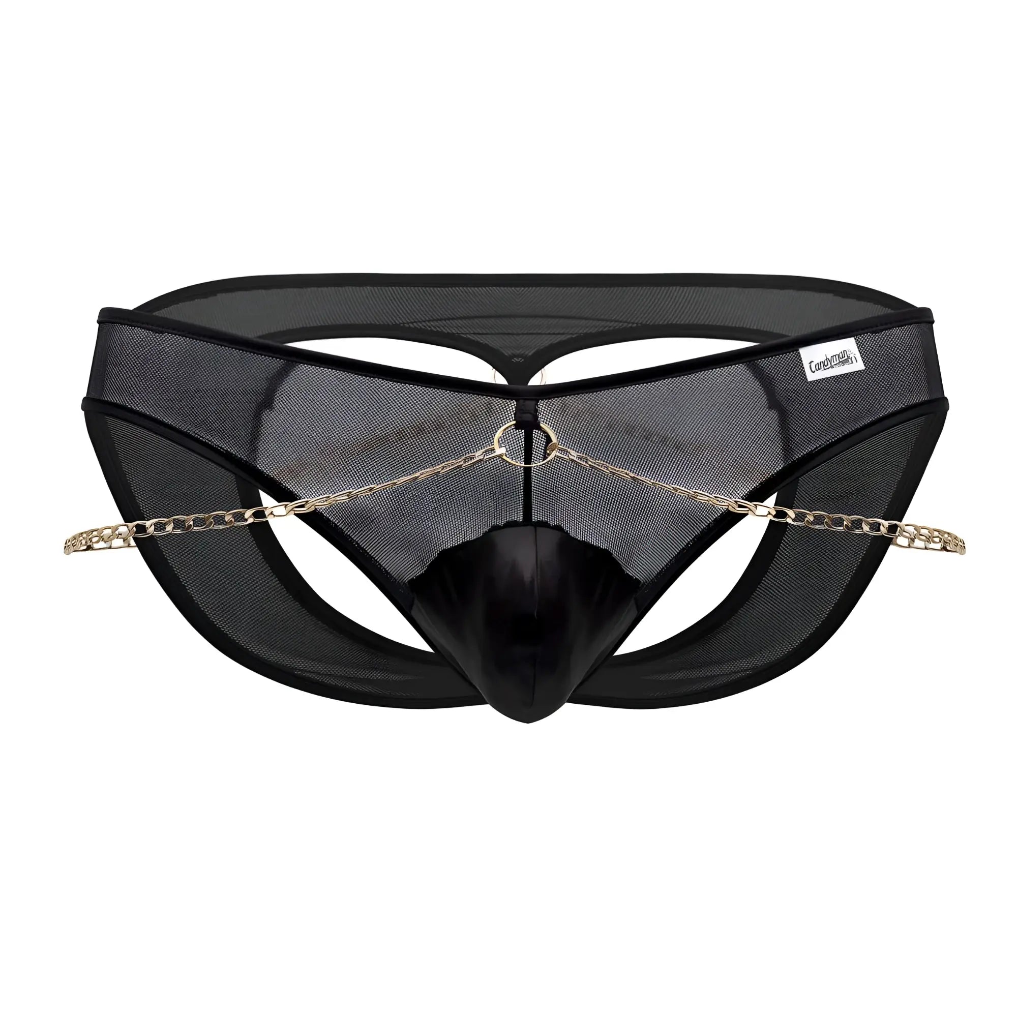CandyMan 99672X chain jock briefs in black mesh with shiny center panel and gold chain across the front