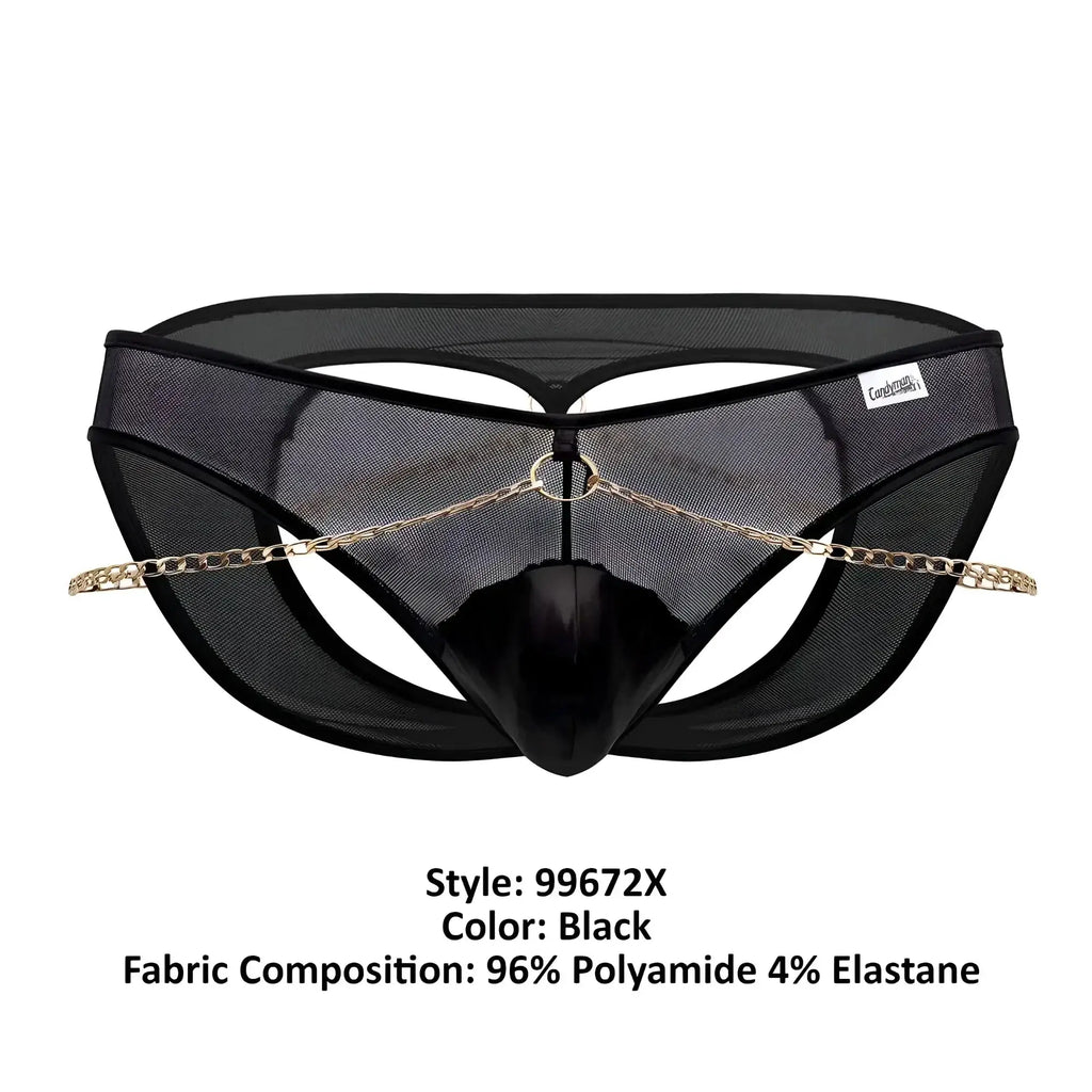 Black mesh thong candyMan 99672X with glossy black panel and gold-toned chain detailing in front view