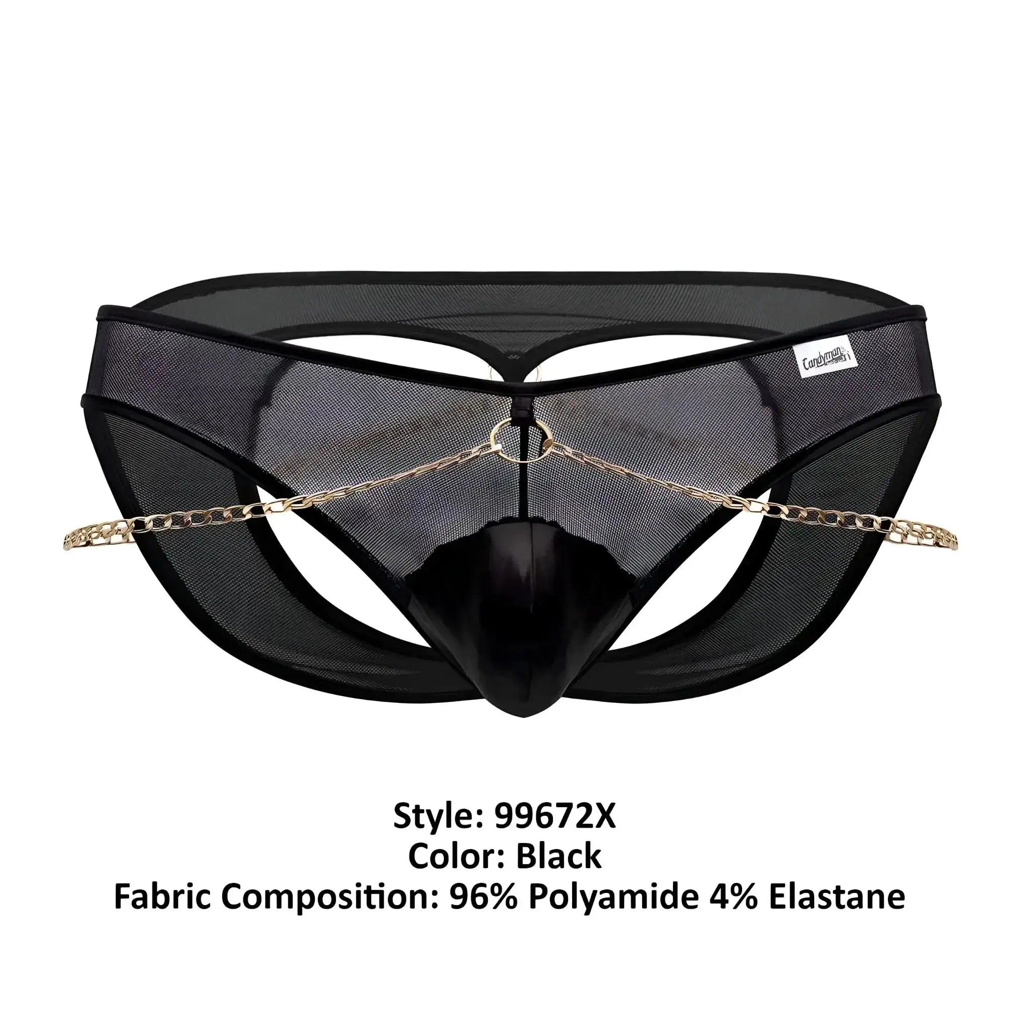 Black mesh thong candyMan 99672X with glossy black panel and gold-toned chain detailing in front view