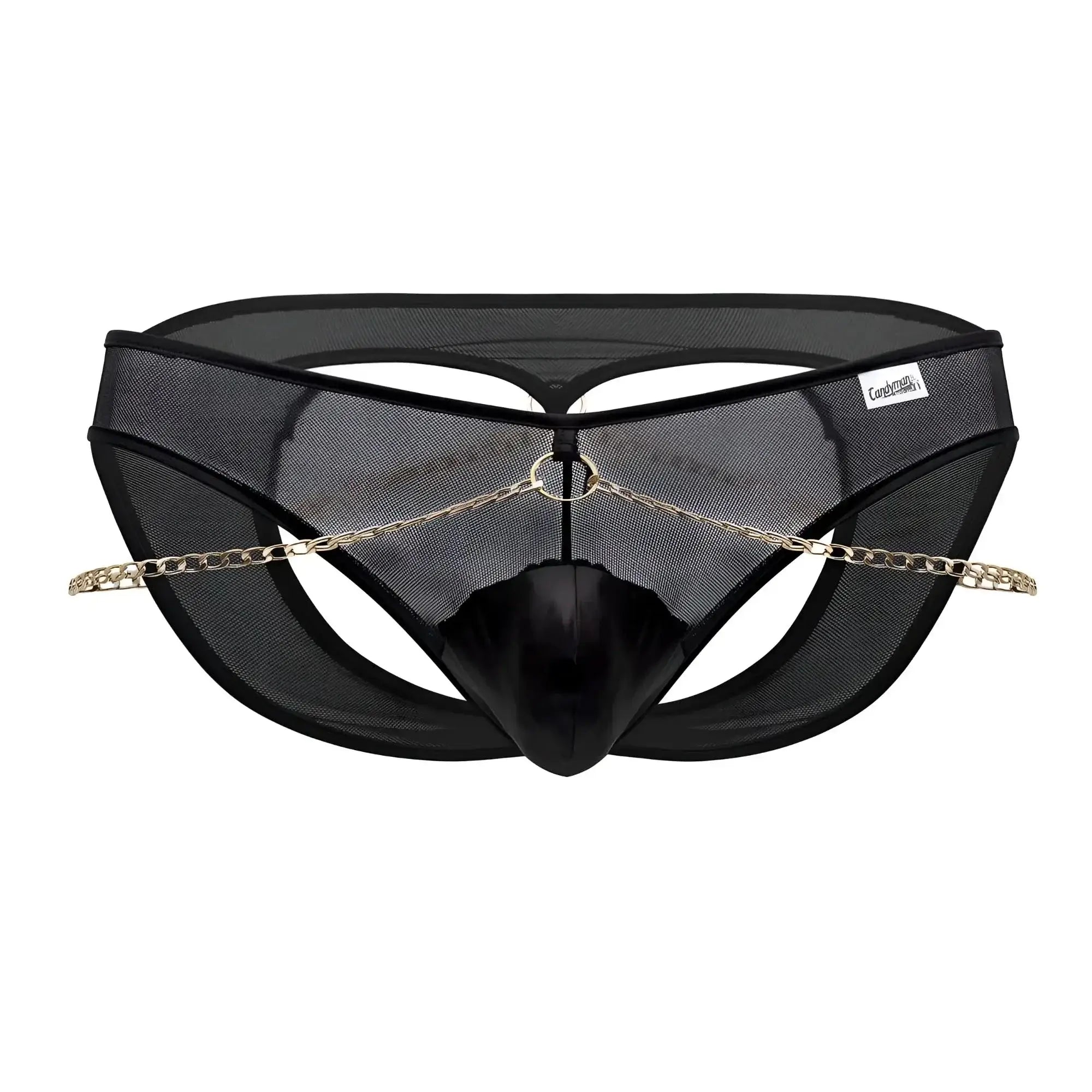 CandyMan 99672X chain jock briefs in black mesh with shiny center panel and gold chain across the front