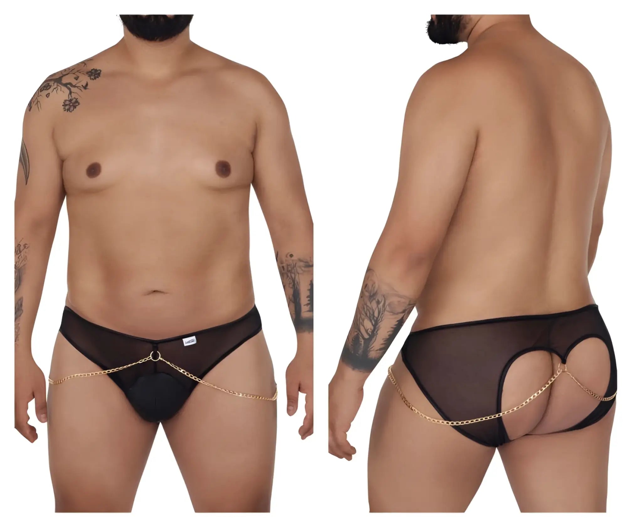 Black candyMan 99672X chain jock briefs with sheer mesh fabric and gold chains attached front and back