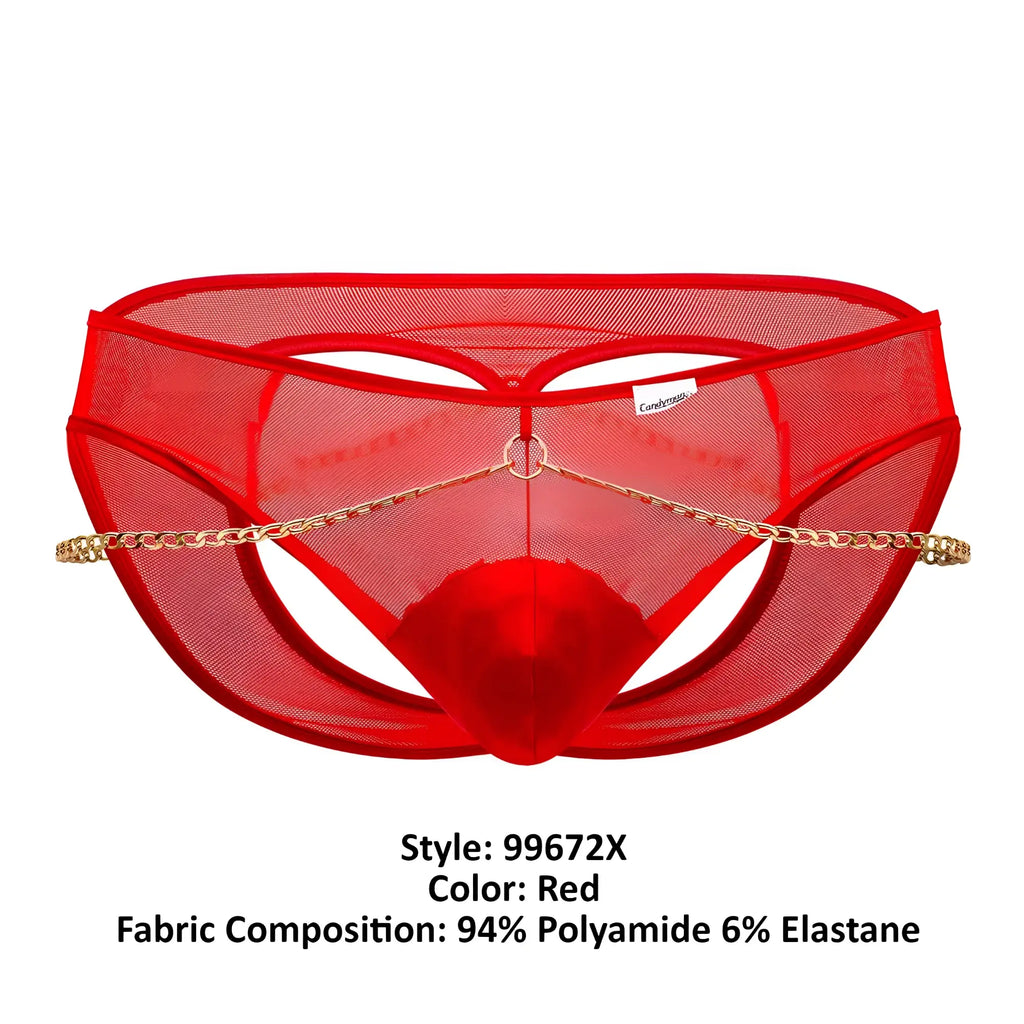 Candyman 99672x chain jock briefs in red mesh with gold chain detail across front for bold underwear style