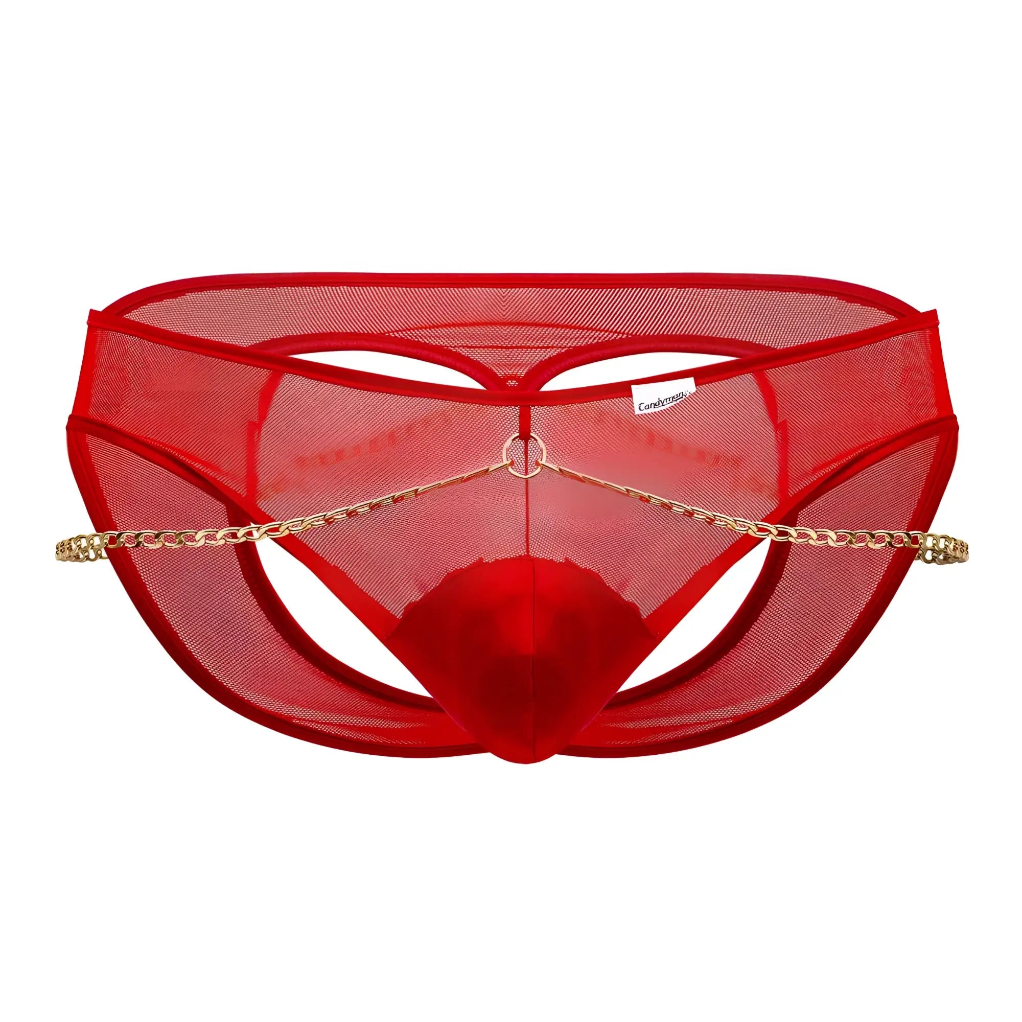 Red mesh CandyMan 99672X chain jock briefs with gold chain detail for bold intimate wear