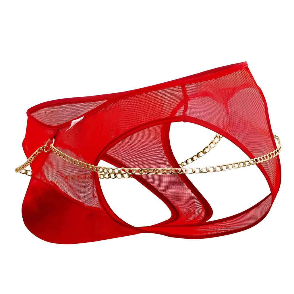 Red sheer mesh candy man 99672x chain jock briefs with gold chain detailing for bold lingerie style