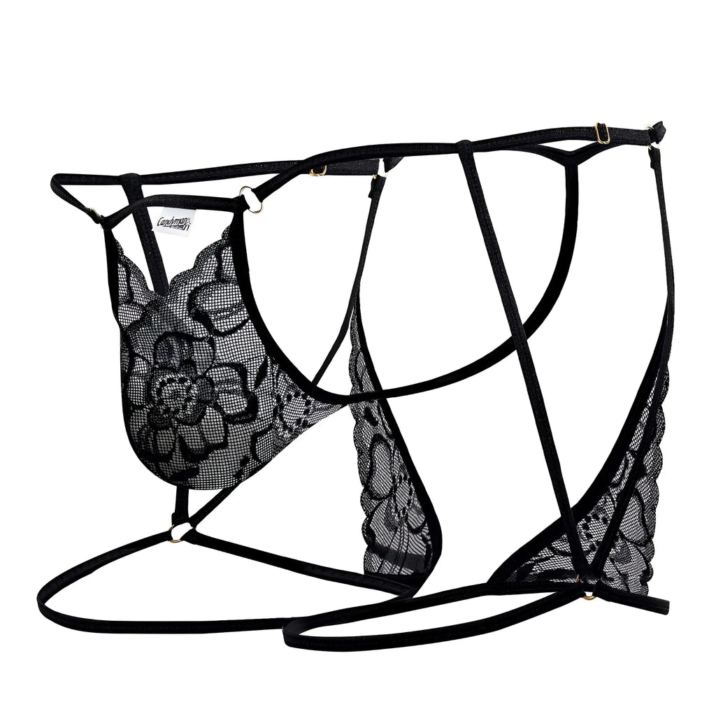 CandyMan 99678 black lace garter thongs with floral patterns and adjustable straps shown from the back side