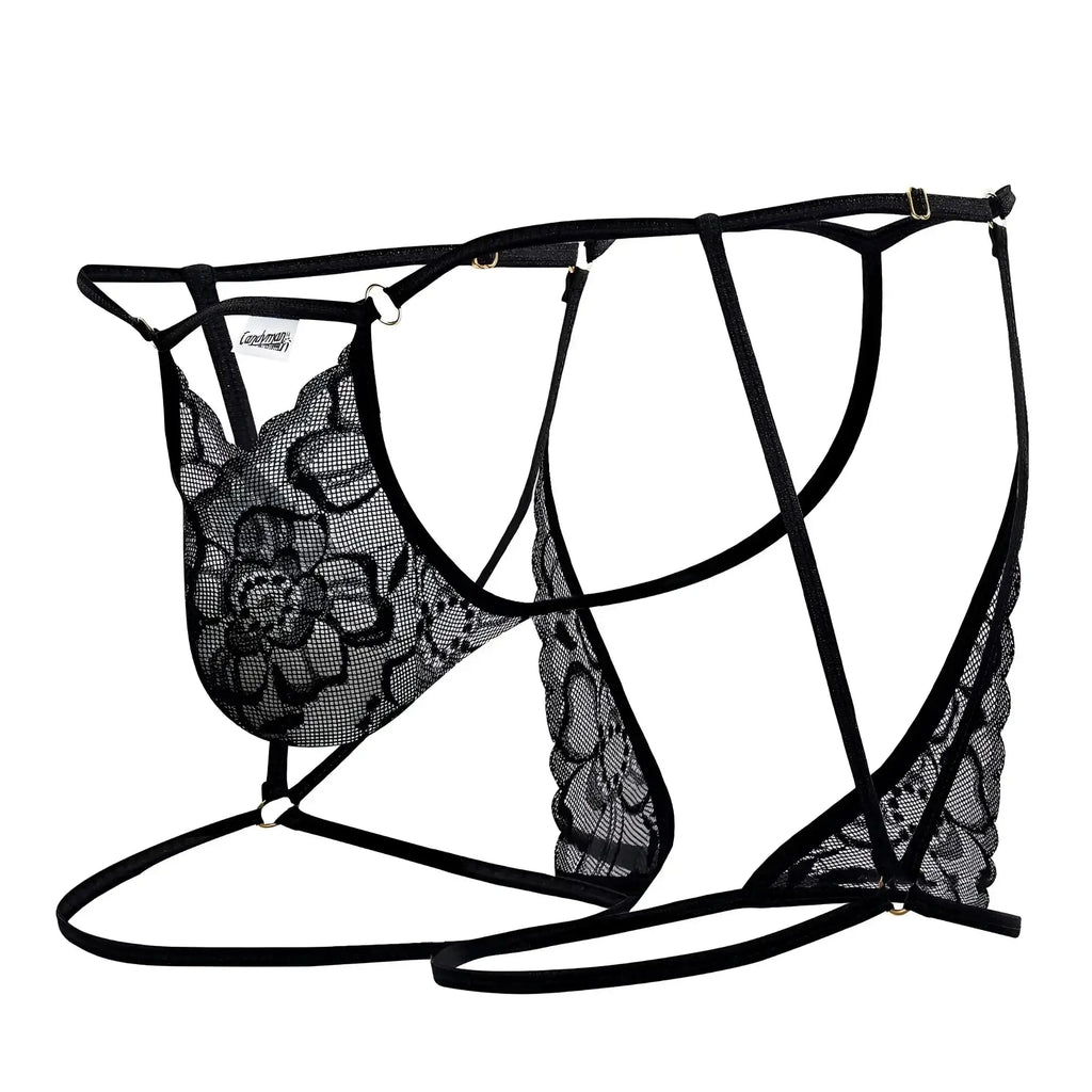 CandyMan 99678 black lace garter thongs with floral patterns and adjustable straps shown from the back side