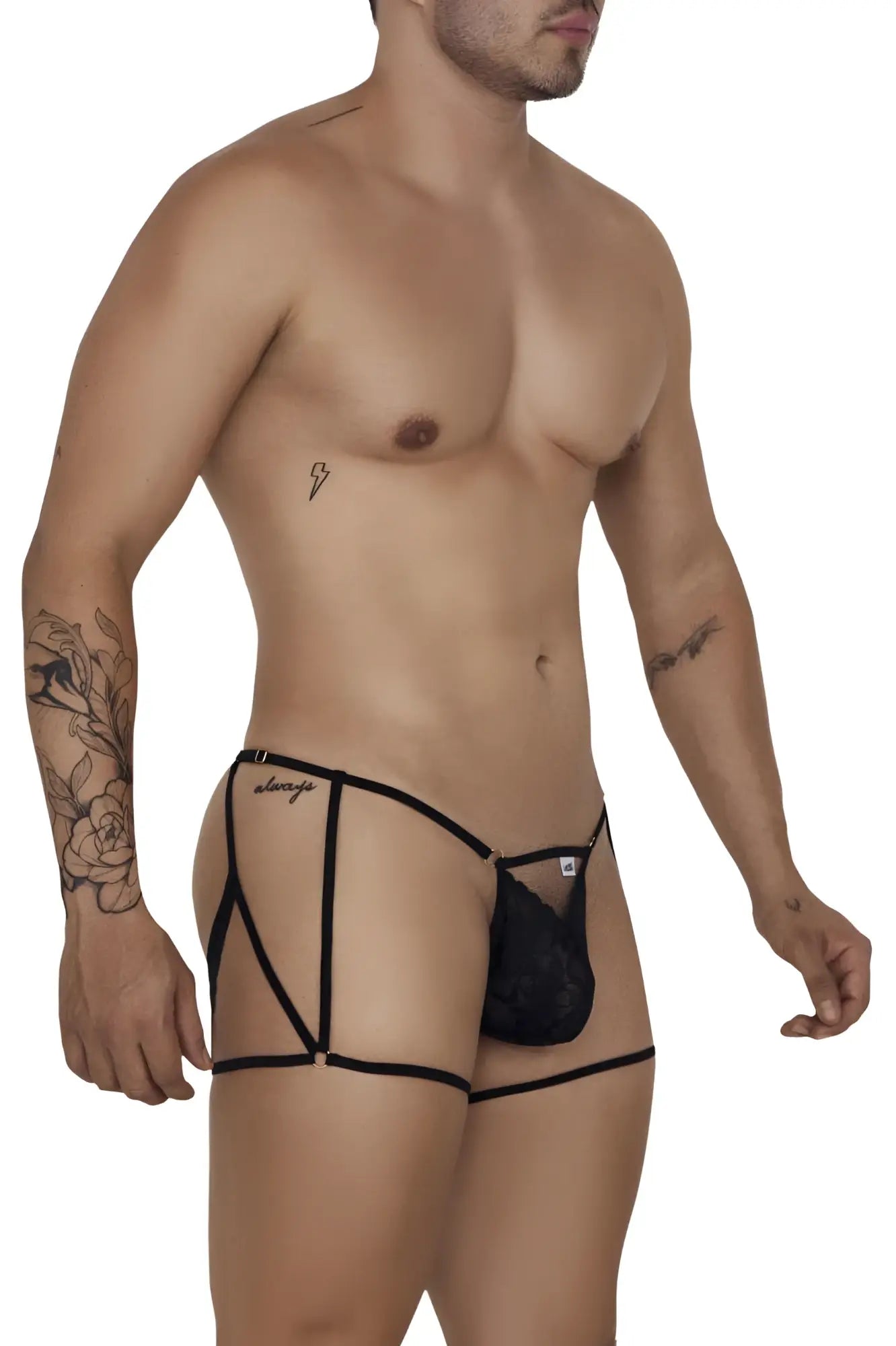 Black lace thong with adjustable straps and a branded logo on the side.