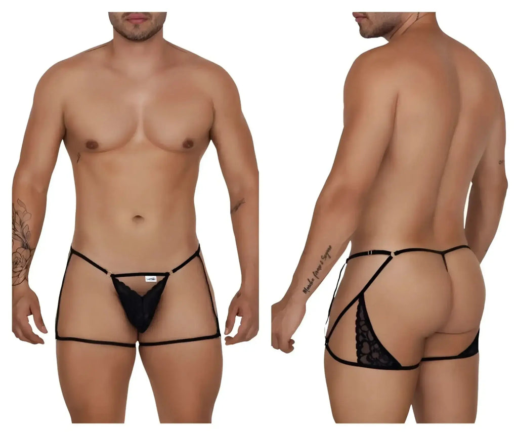 Black lace CandyMan 99678 garter thong with adjustable side straps and embroidered floral back panel