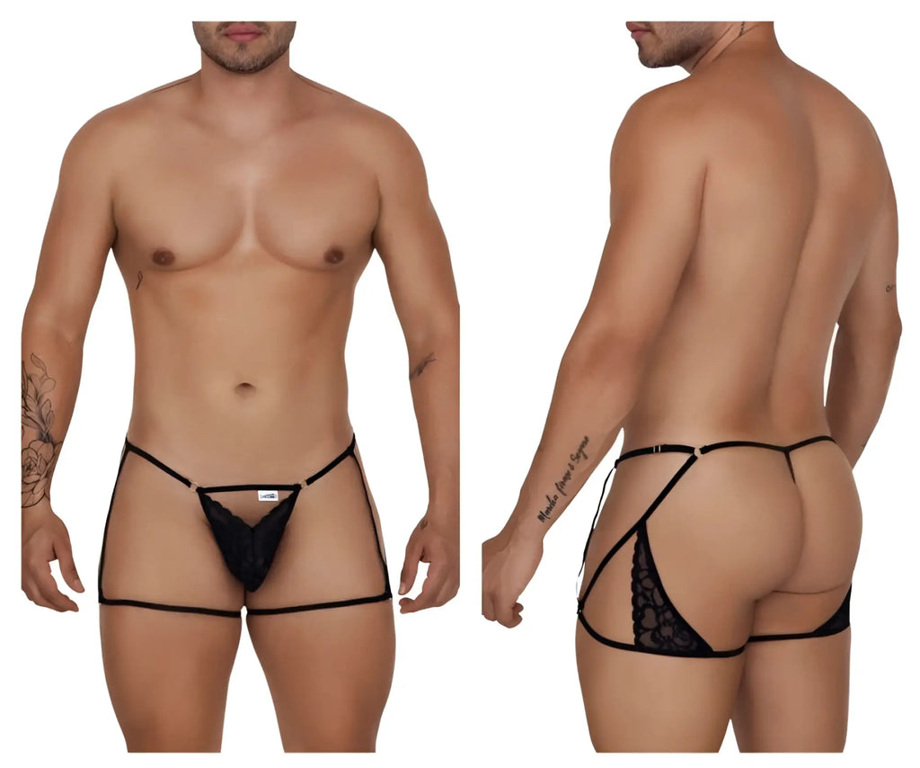 Black lace CandyMan 99678 garter thong with adjustable side straps and embroidered floral back panel
