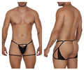 Black lace CandyMan 99678 garter thong with adjustable side straps and embroidered floral back panel
