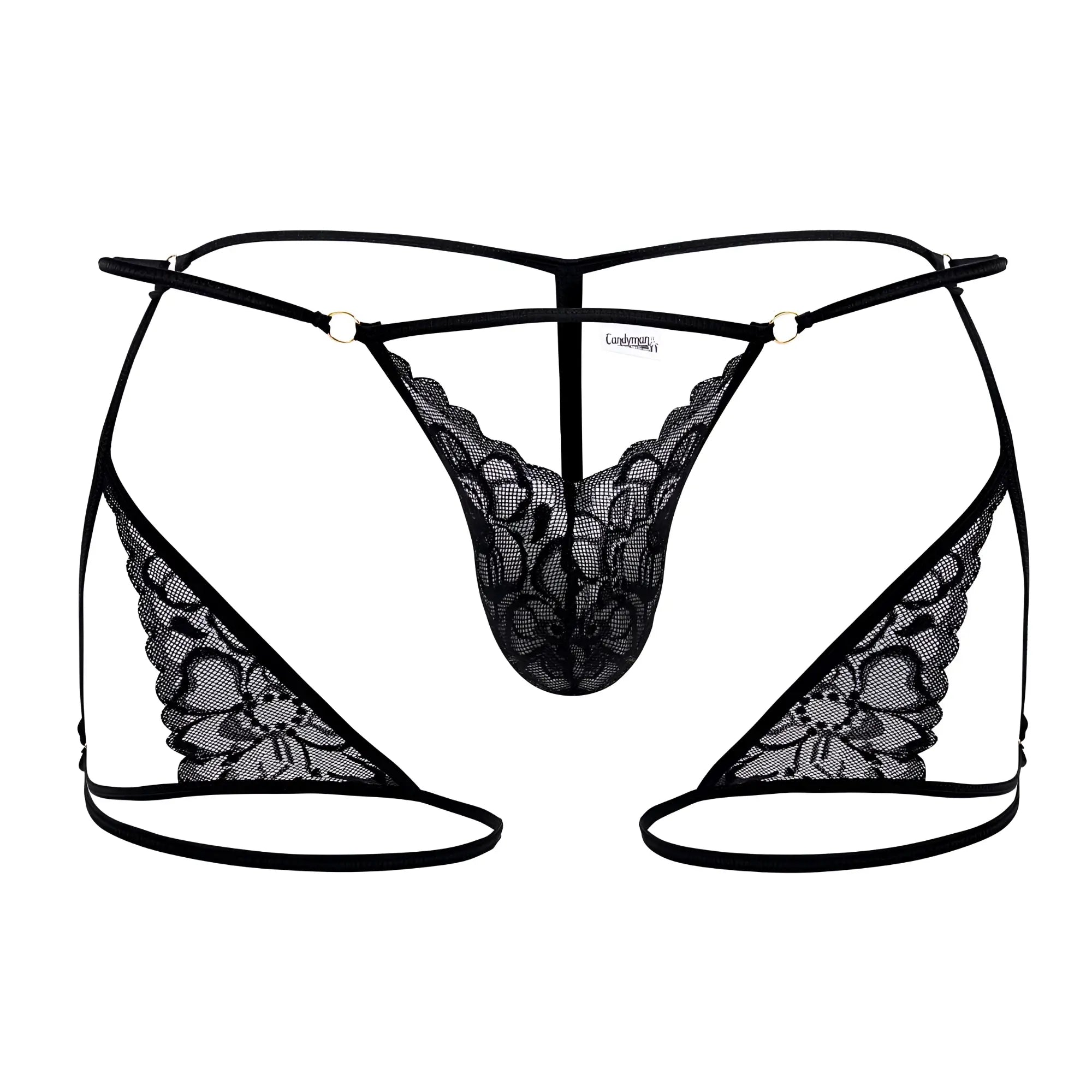 Black lace CandyMan 99678 garter thong with intricate floral patterns and thin elastic straps in black color