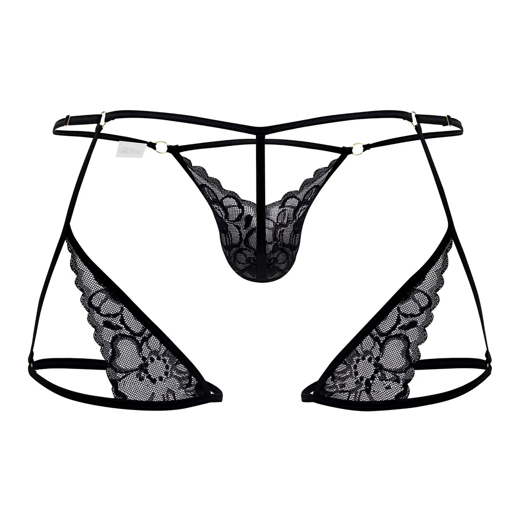 Black lace thong CandyMan 99678 with intricate floral patterns and thin adjustable straps in black color